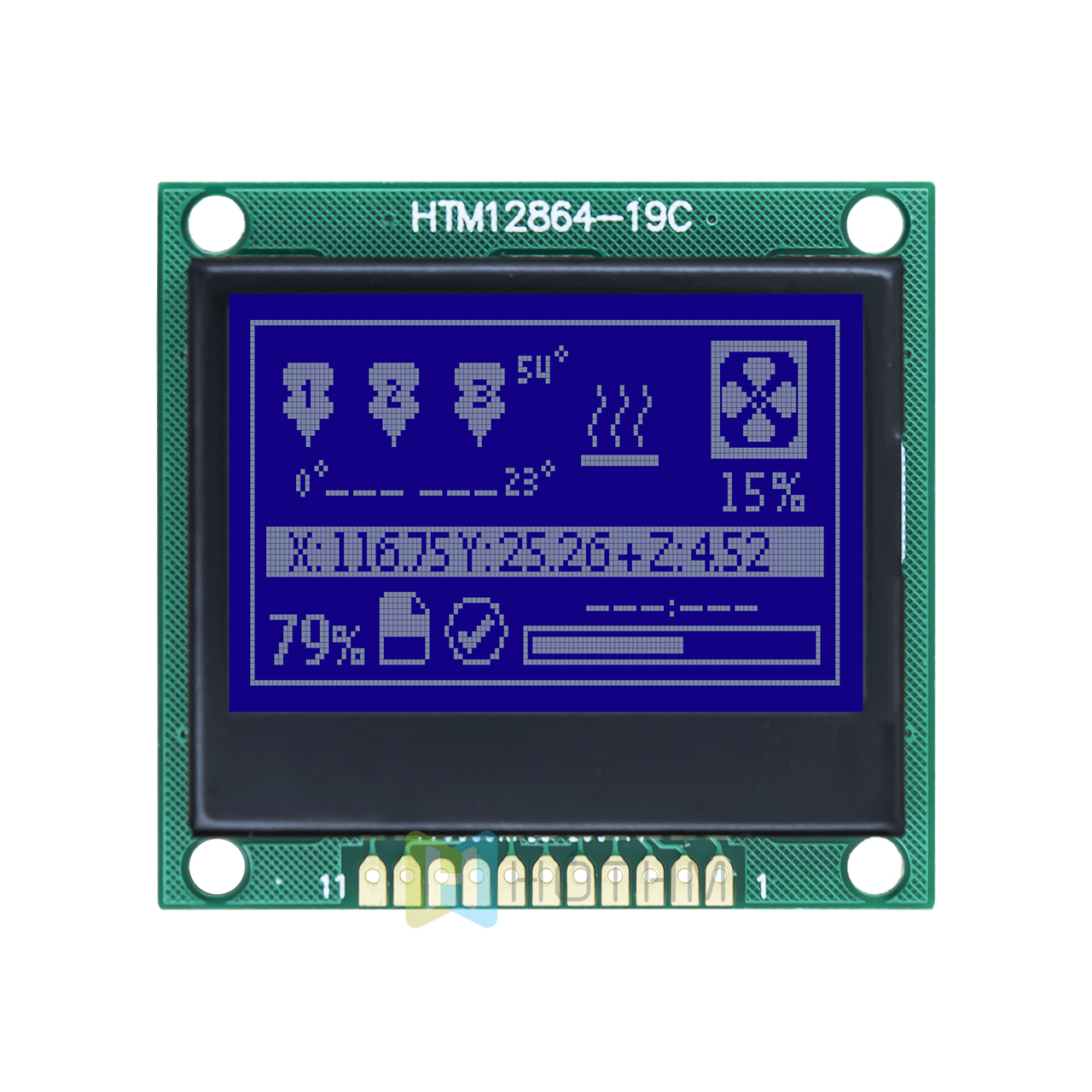 1.7-inch 128 x 64 LCD graphic display | SPI interface | STN negative display blue background with white characters | ST7565R controller
