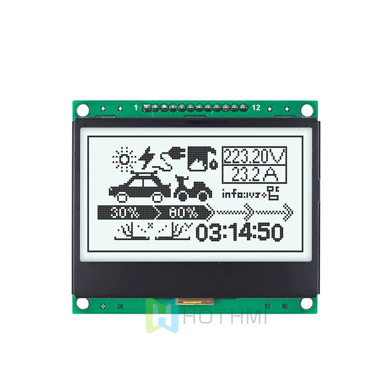 3-inch 128x64 Graphic LCD Display Module | 128x64 Graphic LCD Module | SPI Interface | White Background with Gray Text | FSTN Positive | Transflective Polarizer