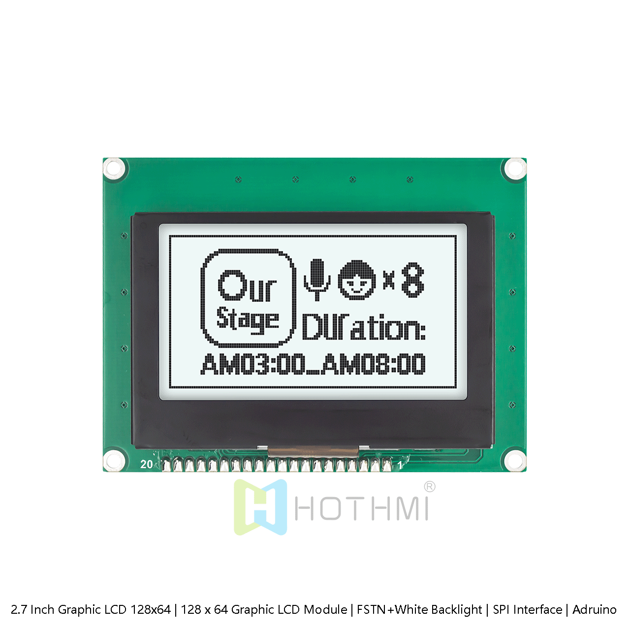 2.7 Inch Graphic LCD 128x64 | 128 x 64 Graphic LCD Module | FSTN+White Backlight | SPI Interface | Adruino | White Background with Gray Text
