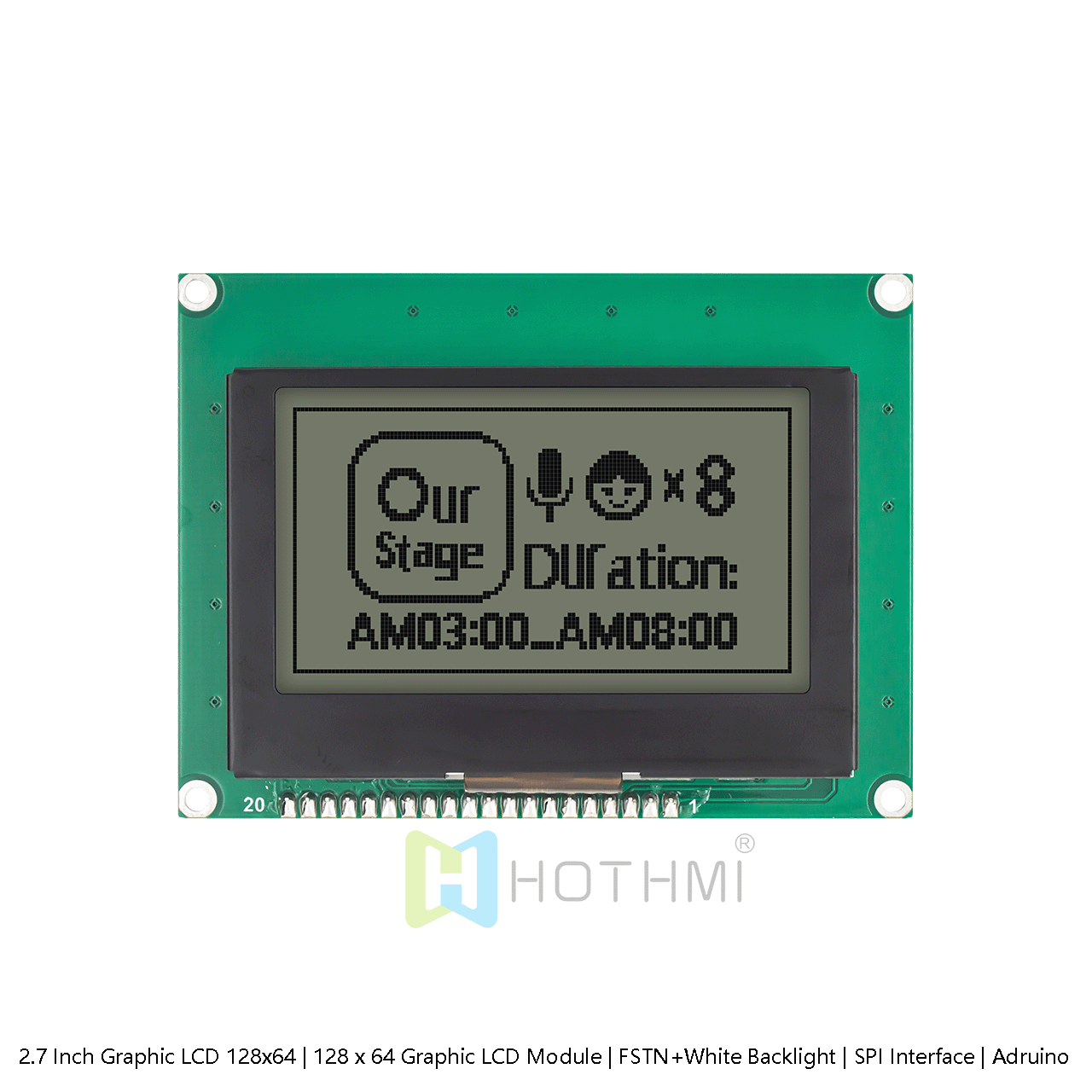2.7 Inch Graphic LCD 128x64 | 128 x 64 Graphic LCD Module | FSTN+White Backlight | SPI Interface | Adruino | White Background with Gray Text