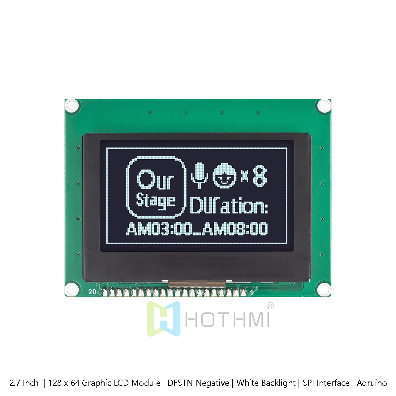 2.7 Inch Graphic 128x64 Graphic LCD Display | 128 x 64 Graphic LCD Module | DFSTN Negative | White Backlight | SPI Interface | Adruino | White on Black