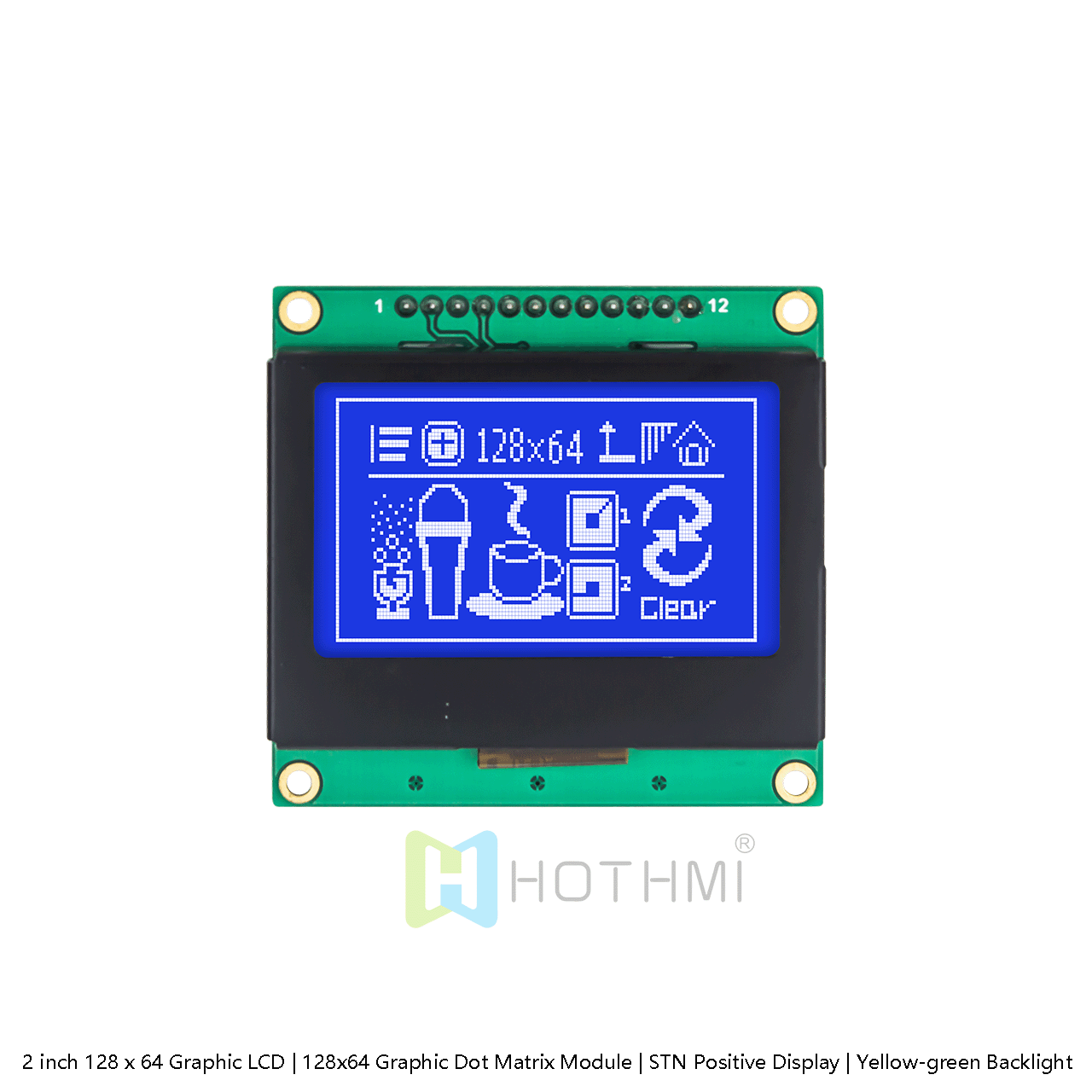 2英寸128 x 64 图形液晶显示屏 | 适用于 Arduino  | 白色背光 | 128x64 图形 LCD 模块 | ST7567 SPI | STN 负向显示 |蓝底白字