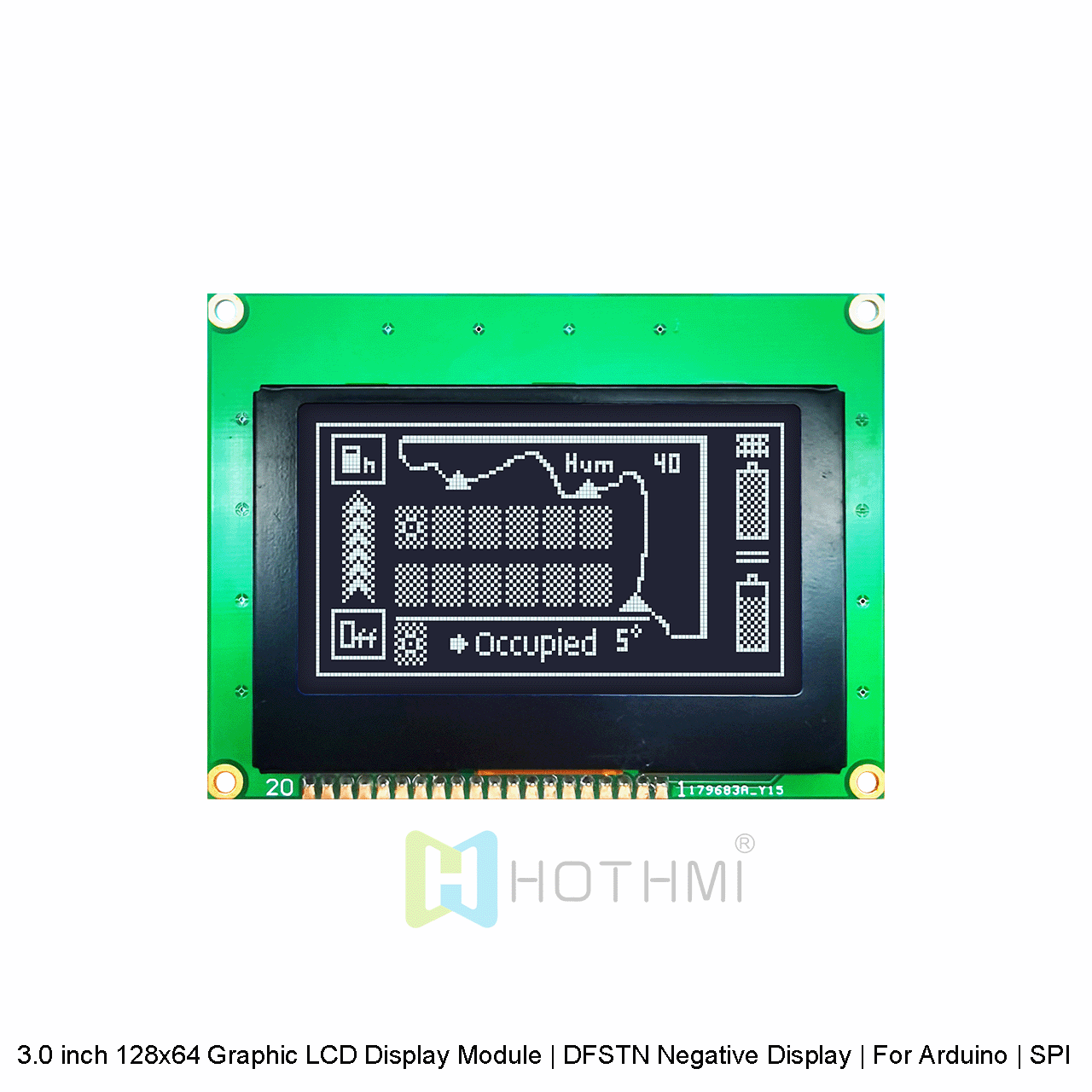 3.0 英寸 128x64 图形 LCD 显示模块 | DFSTN负显| 适用于 Arduino | SPI 接口 | 黑底白字图形LCD