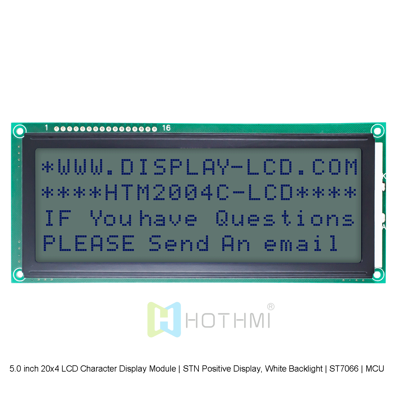 5.0 英寸 20x4 LCD 字符显示模块 | STN 正片显示，白色背光 | ST7066 | MCU 接口 | 灰底蓝字 | 适用于Adruino