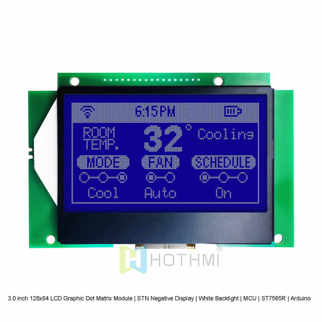 3.0 inch 128x64 LCD Graphic Dot Matrix Module | STN Negative Display | White Backlight | MCU | ST7565R | Arduino | White Text on Blue Background