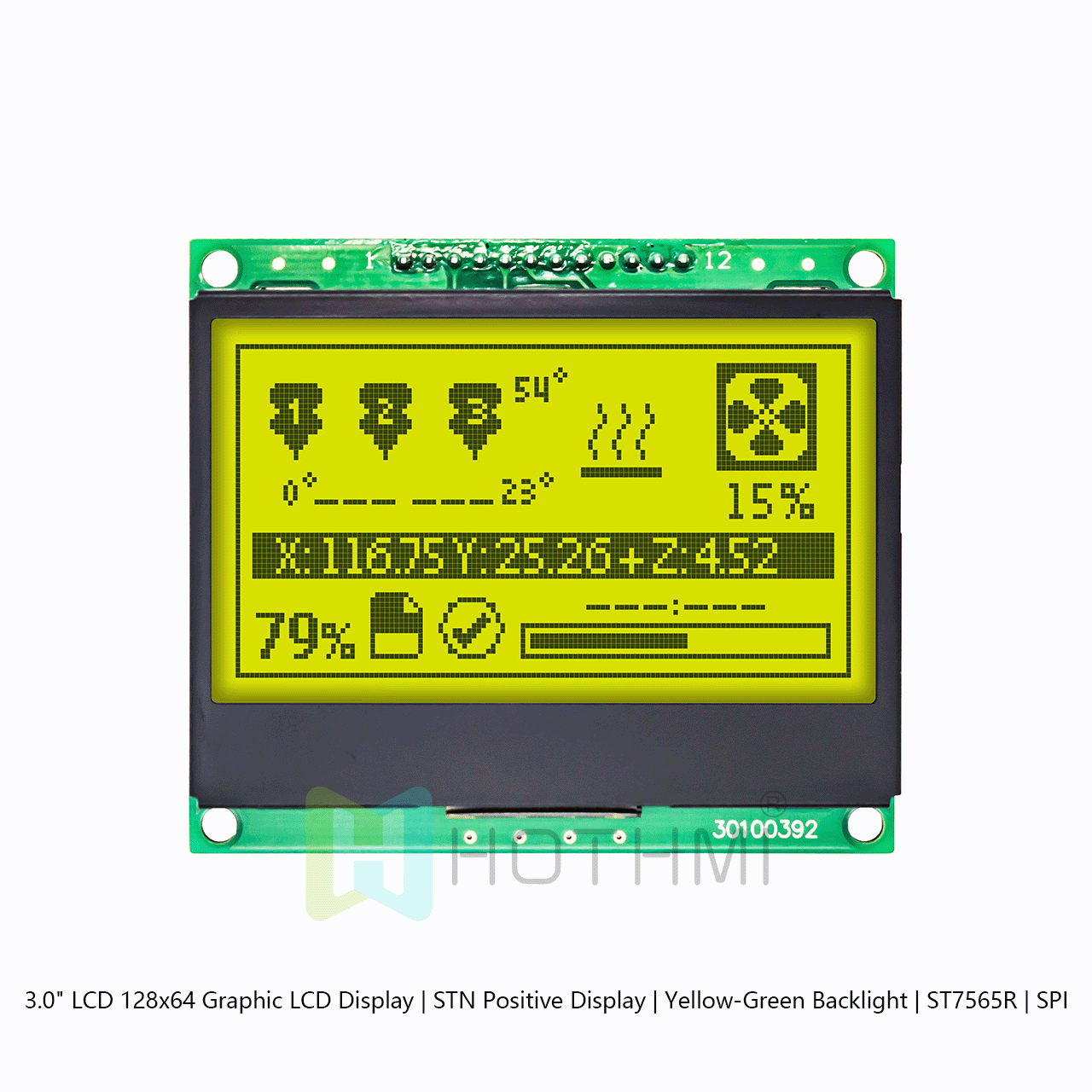 3.0 英寸 LCD 128x64 图形 LCD 显示屏 | STN 正片显示 | 黄绿背光 | ST7565R | SPI arduino