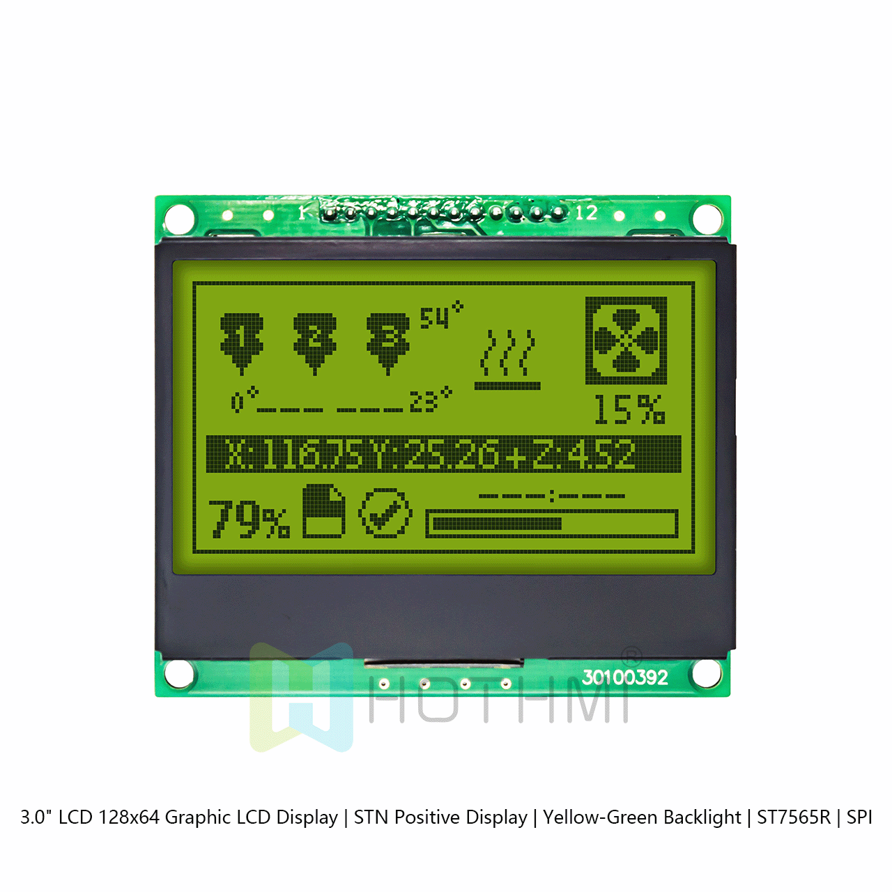 3.0 英寸 LCD 128x64 图形 LCD 显示屏 | STN 正片显示 | 黄绿背光 | ST7565R | SPI arduino