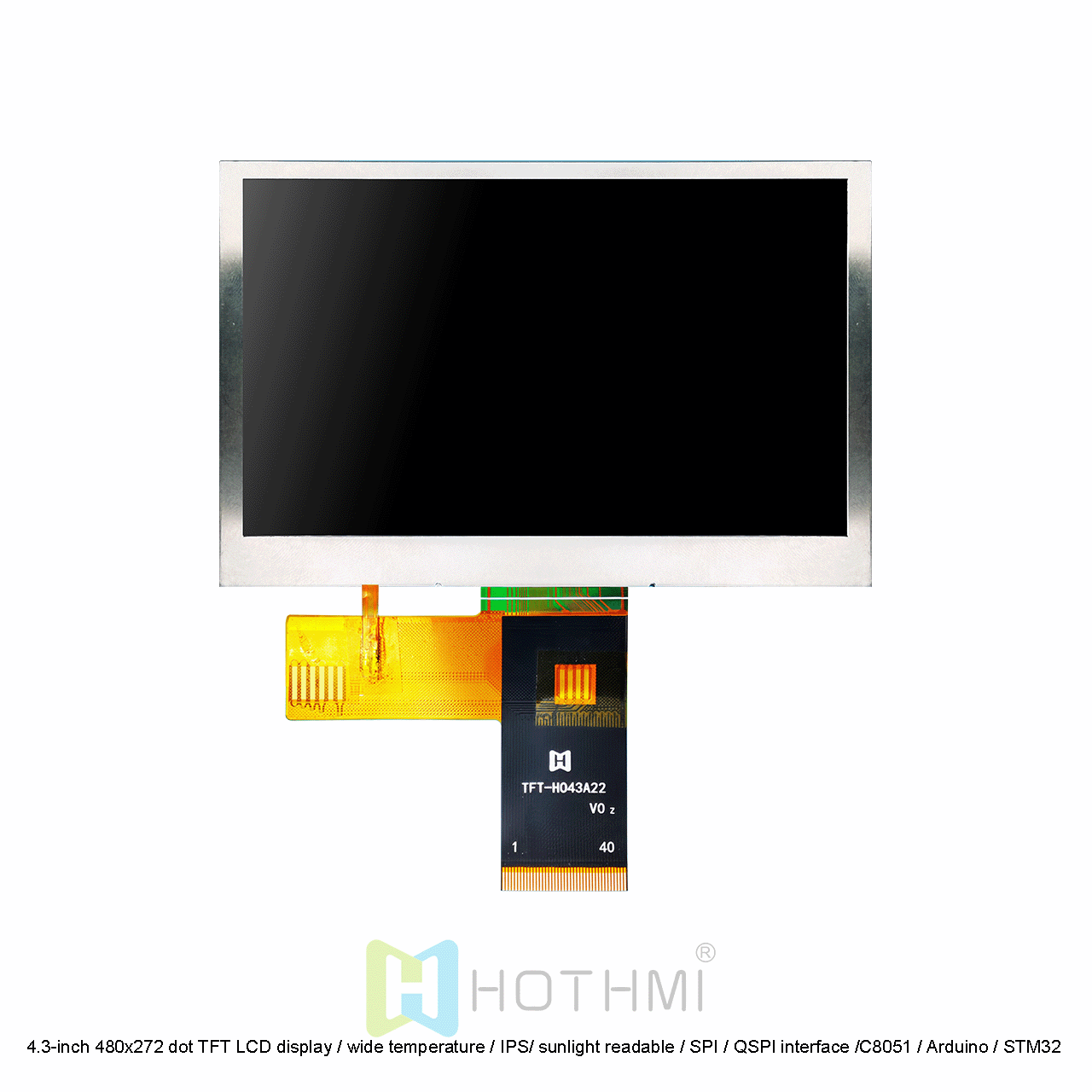 4.3-inch 480x272 dot TFT LCD display / wide temperature / IPS full viewing angle / sunlight readable / SPI / QSPI interface / optional touch C8051 / Arduino / STM32