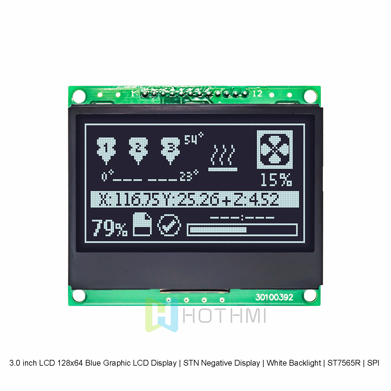 3.0 英寸LCD 128x64 蓝色图形液晶LCD 显示屏 | STN 负片显示 | 白色背光 | ST7565R | SPI arduino 