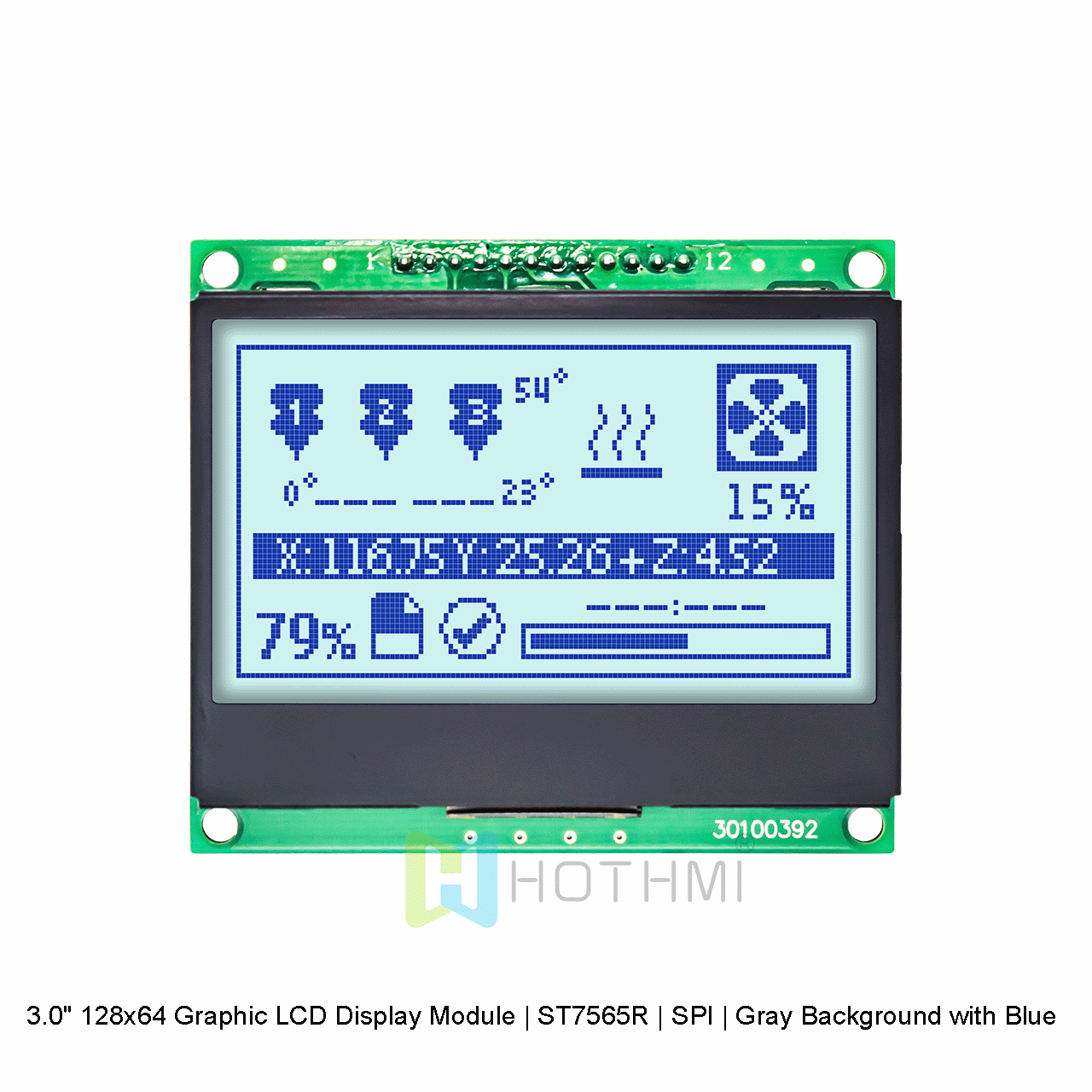 3.0 英寸 128x64 图形 LCD 显示模块 | ST7565R | SPI | 灰色背景带蓝色文本 | STN 正显示