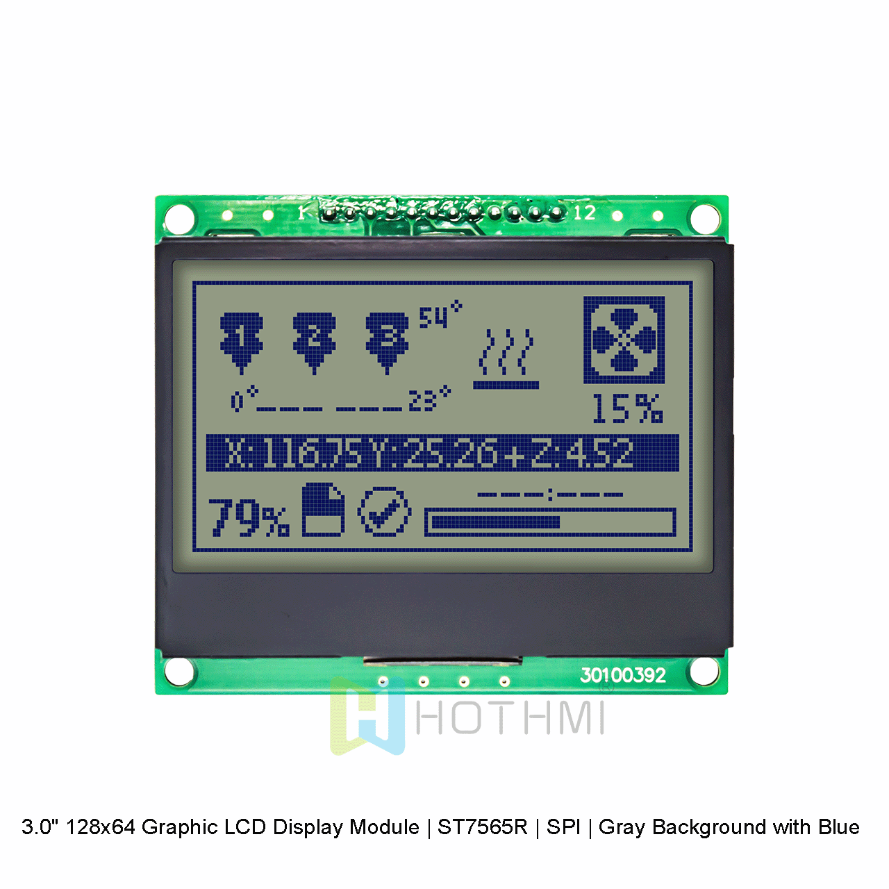 3.0 英寸 128x64 图形 LCD 显示模块 | ST7565R | SPI | 灰色背景带蓝色文本 | STN 正显示