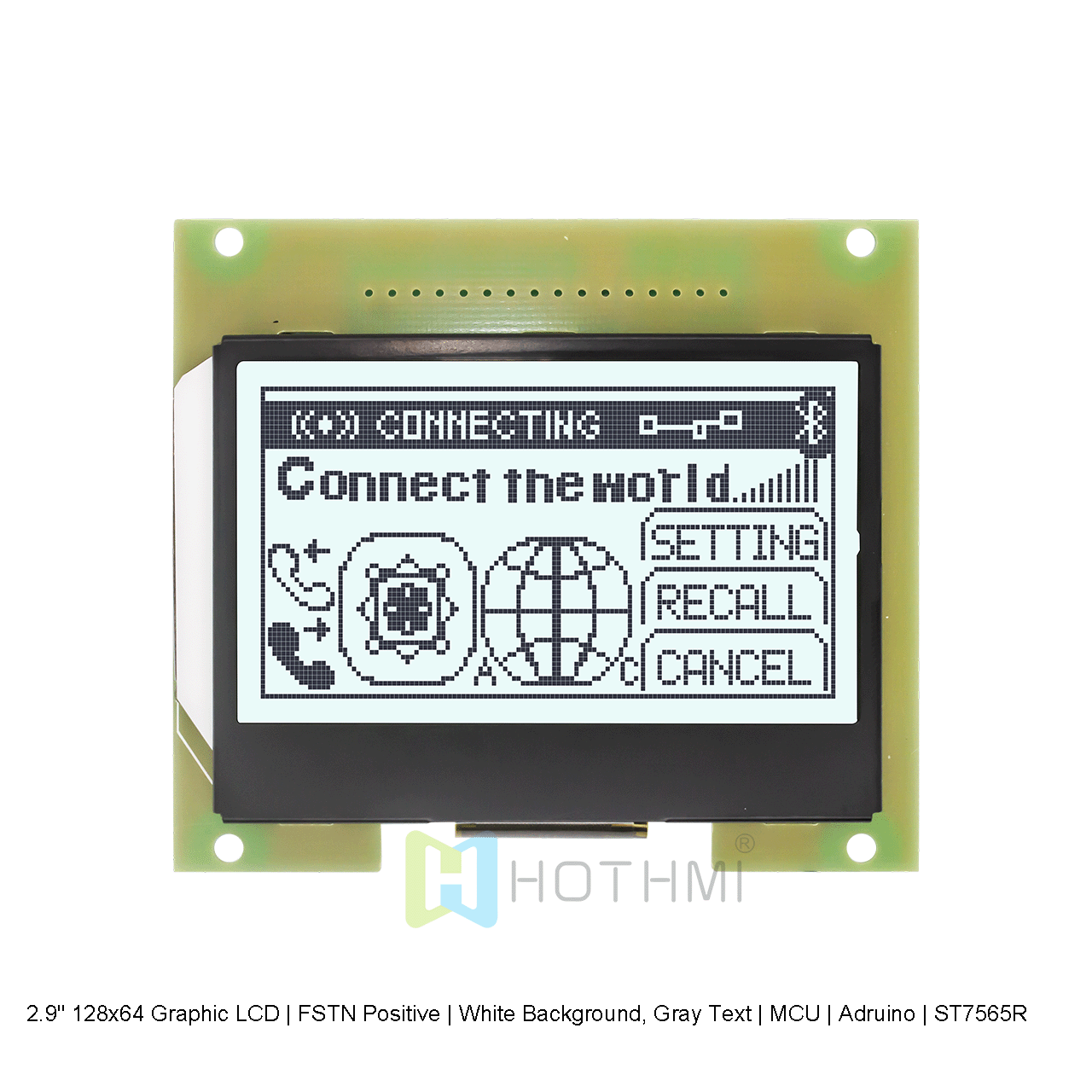 2.9 英寸 128x64 图形 LCD | FSTN 正片 | 白色背景，灰色文本 | MCU | Arduino | ST7565R