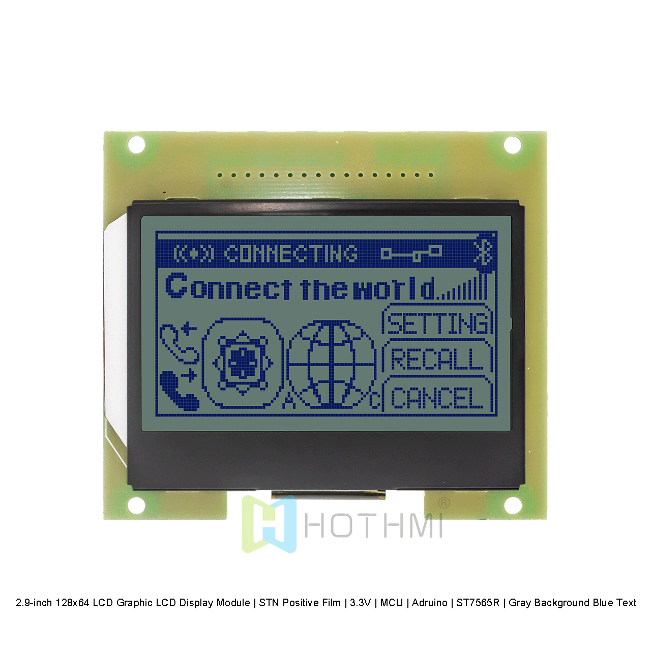 2.9 英寸 128x64 LCD图形液晶显示模块 | STN 正片 | 3.3V | MCU | Arduino | ST7565R |灰底蓝字