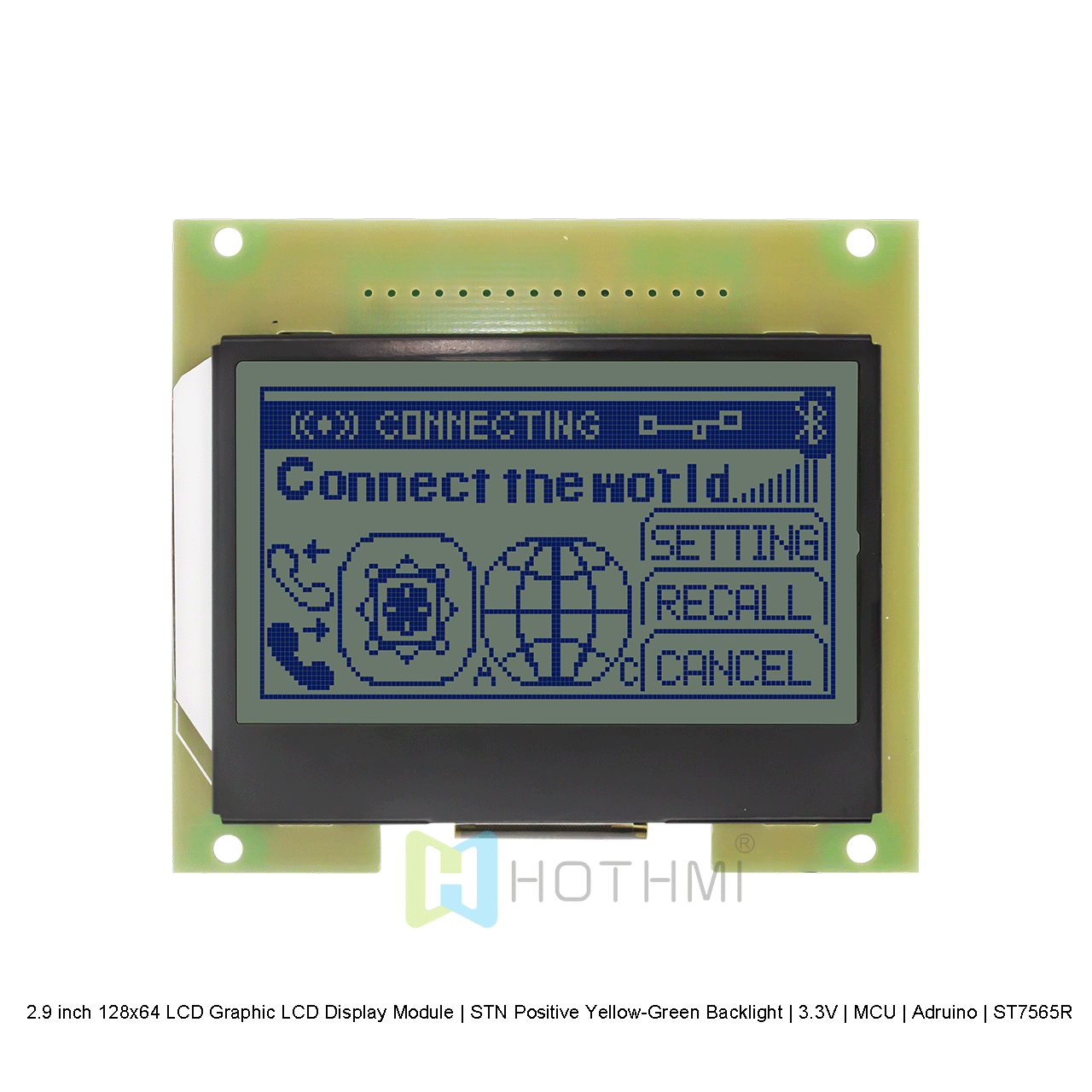 2.9 英寸 128x64 LCD图形液晶显示模块 | STN 正片黄绿背光 | 3.3V | MCU | Arduino| ST7565R 