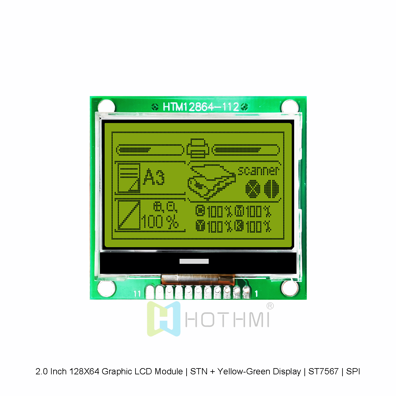 2.0 Inch 128X64 Graphic LCD Module | STN + Yellow-Green Display | ST7567 | SPI