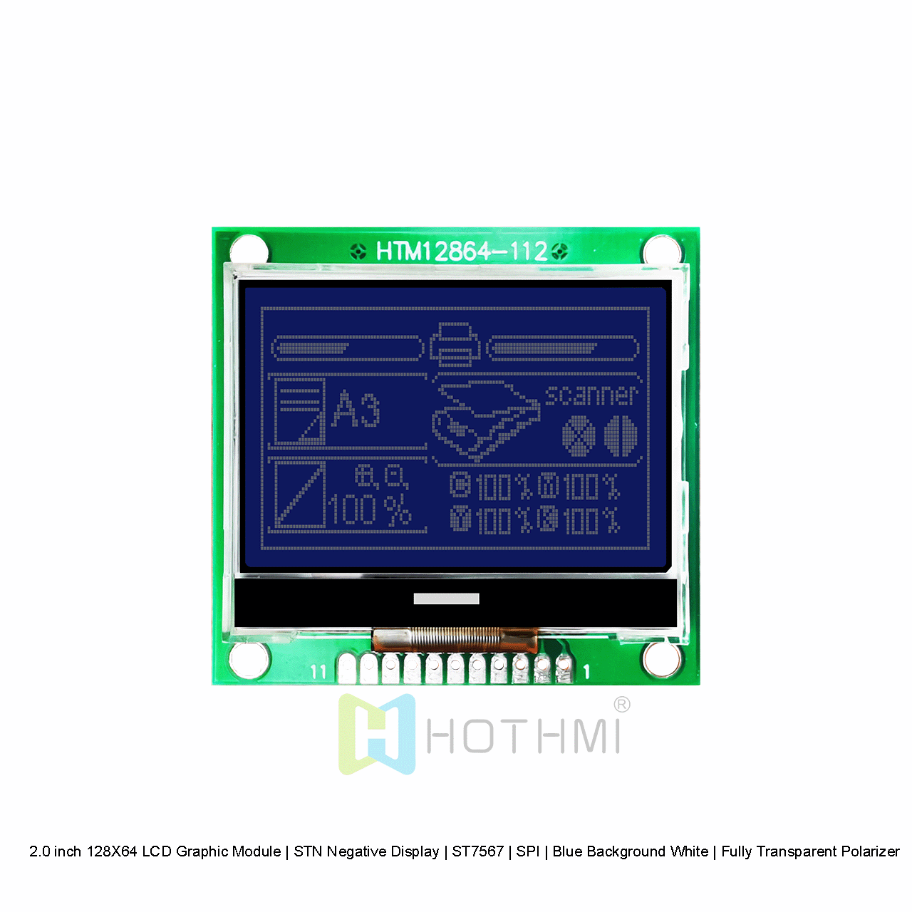 2.0 inch 128X64 LCD Graphic Module | STN Negative Display | ST7567 | SPI | Blue Background White | Fully Transparent Polarizer arduino