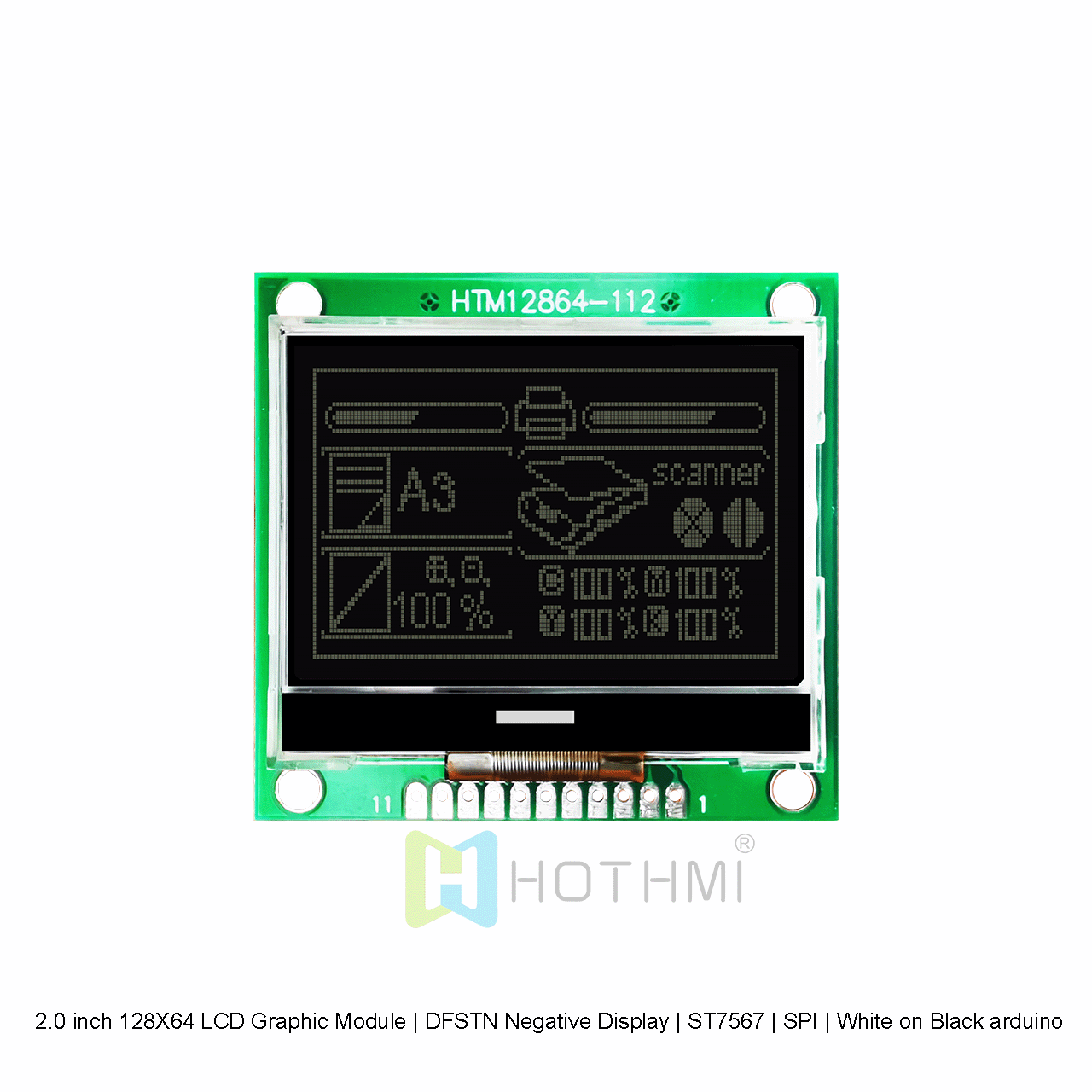 2.0 inch 128X64 LCD Graphic Module | DFSTN Negative Display | ST7567 | SPI | White on Black arduino