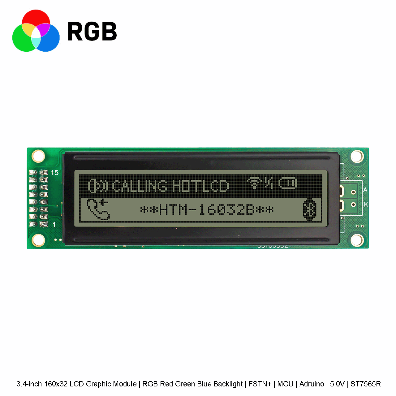 3.4 英寸 160x32 LCD 图形液晶模块  | RGB红绿蓝背光 | FSTN+ | MCU | Arduino | 5.0V | ST7565R