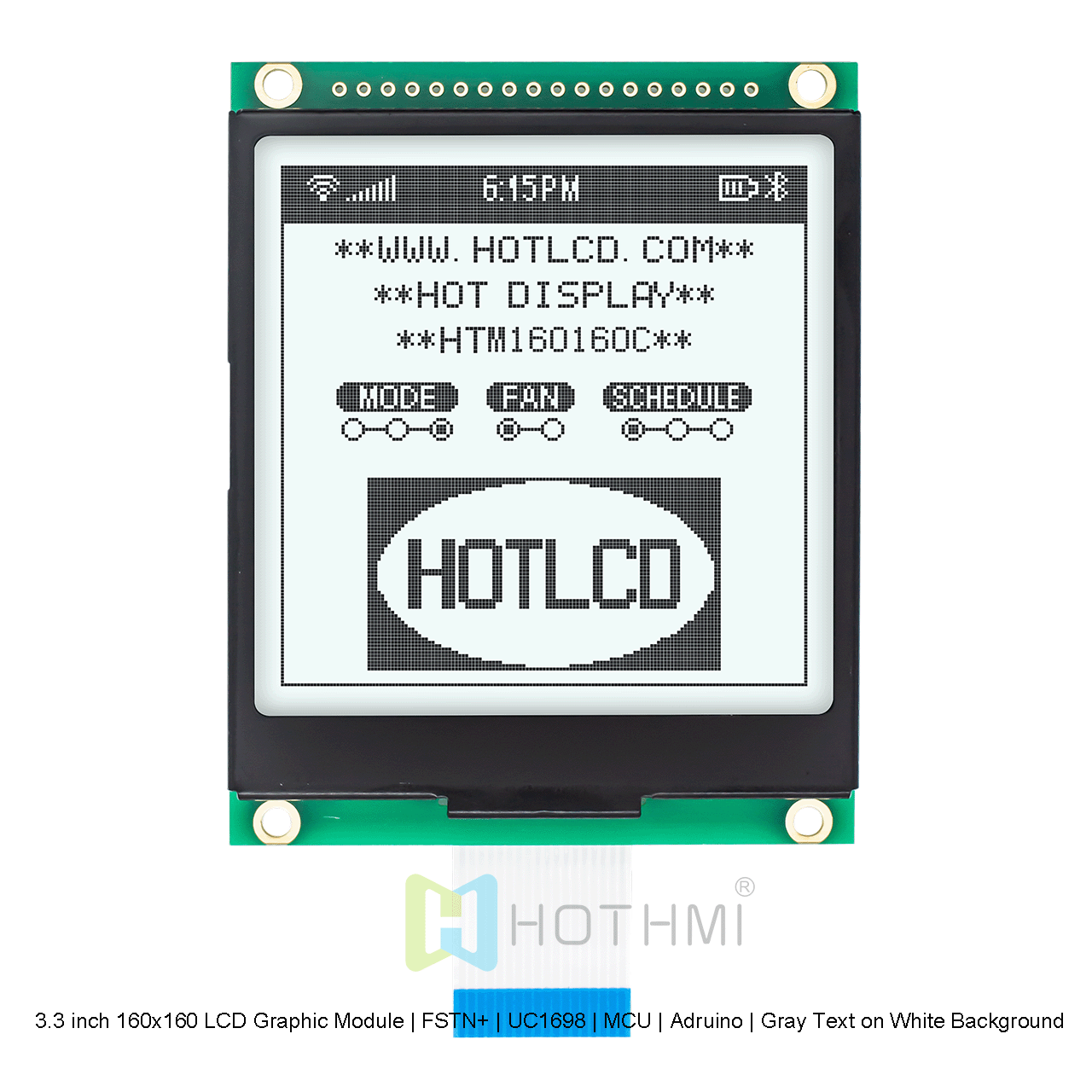 3.3 英寸 160x160 LCD 图形液晶模块 | FSTN+ | UC1698 | MCU | Arduino | 白底灰字