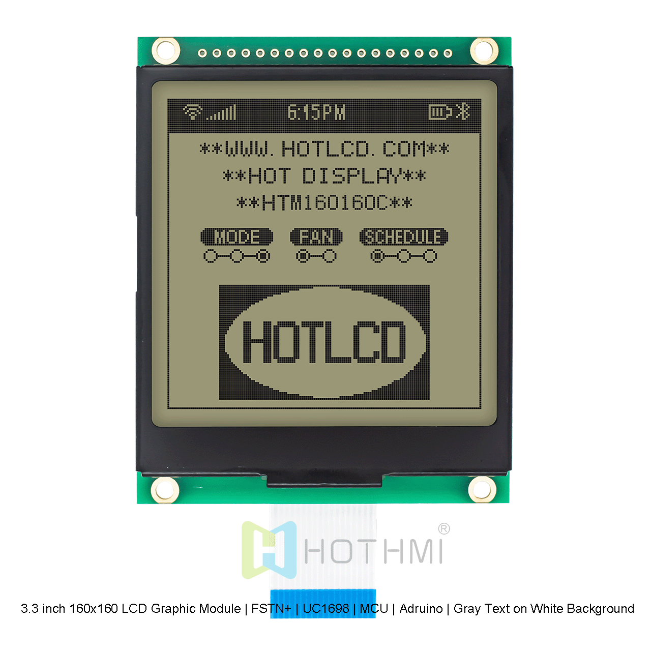 3.3 英寸 160x160 LCD 图形液晶模块 | FSTN+ | UC1698 | MCU | Arduino | 白底灰字