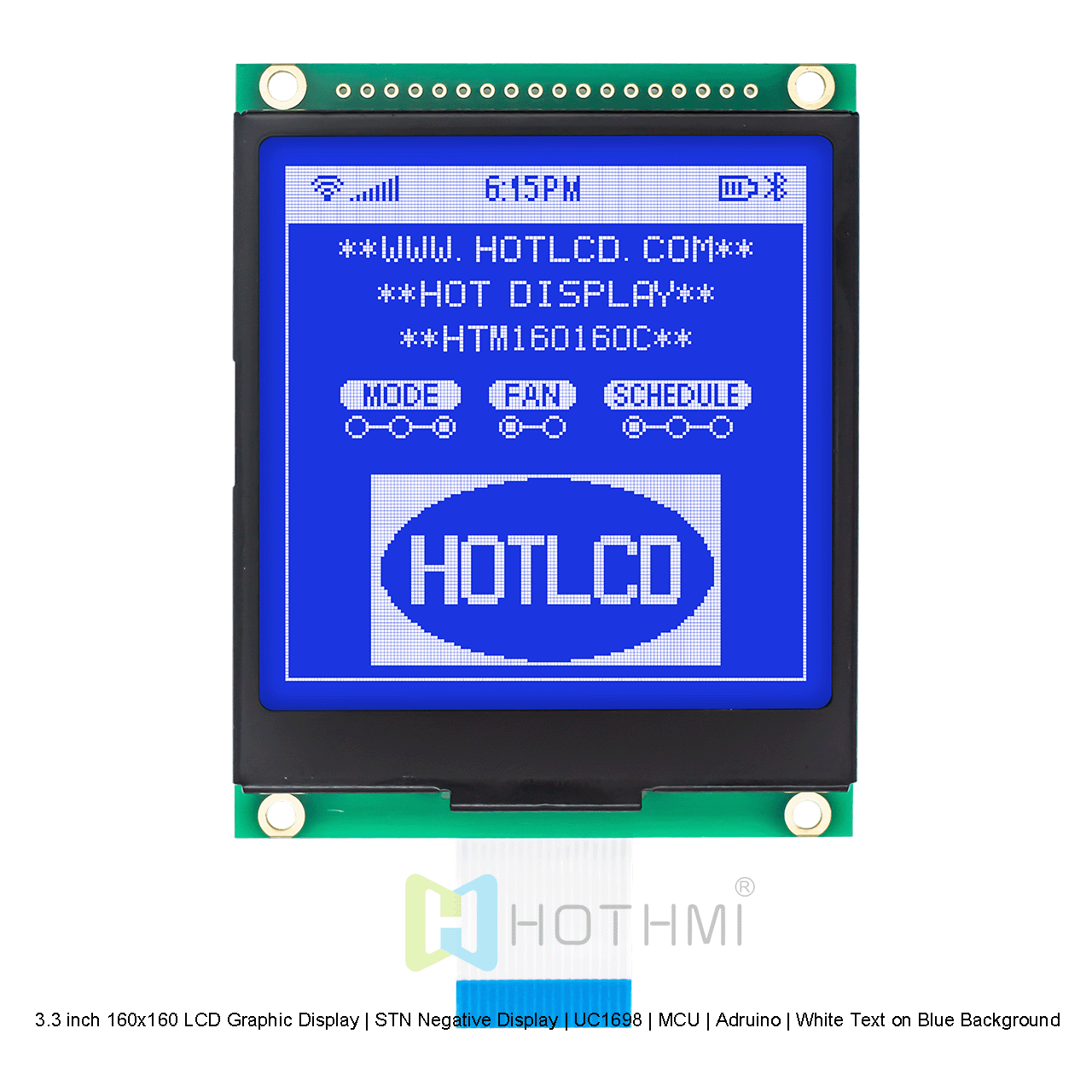 3.3 英寸 160x160 LCD 图形显示屏 | STN 负片显示屏 | UC1698 | MCU | Arduino | 蓝色背景配白色文字