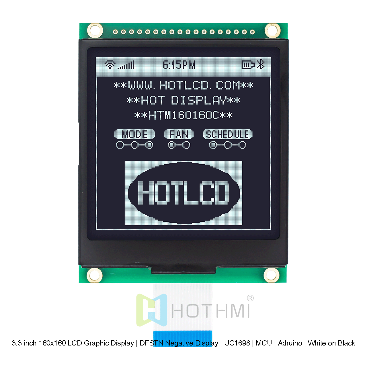 3.3 英寸 160x160 LCD 图形显示屏 | DFSTN 负片显示屏 | UC1698 | MCU | Arduino | 黑底白字