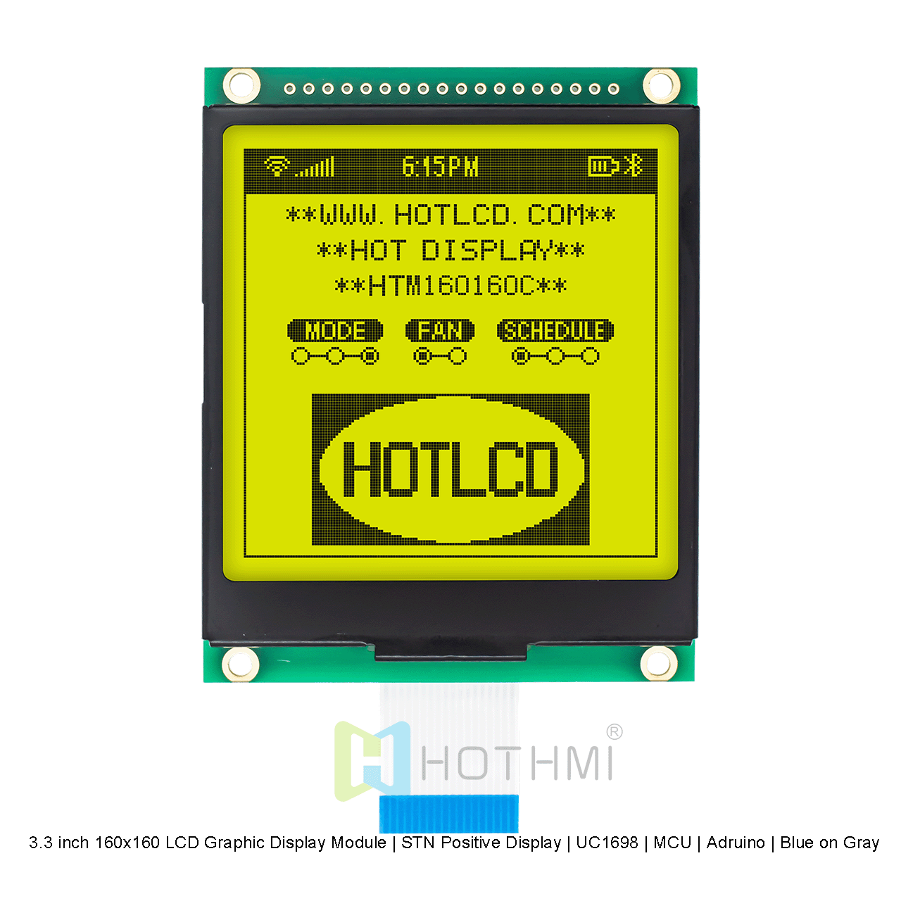 3.3 英寸 160x160 LCD 图形显示模块 | STN 正片显示屏 | UC1698 | MCU | Arduino | 灰底蓝字