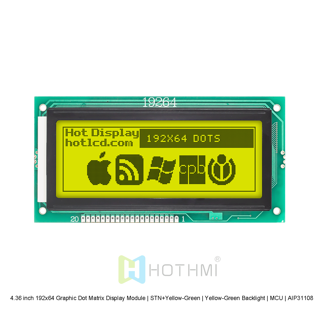 4.36 inch 192x64 Graphic Dot Matrix Display Module | STN+Yellow-Green | Yellow-Green Backlight | MCU | AIP31108