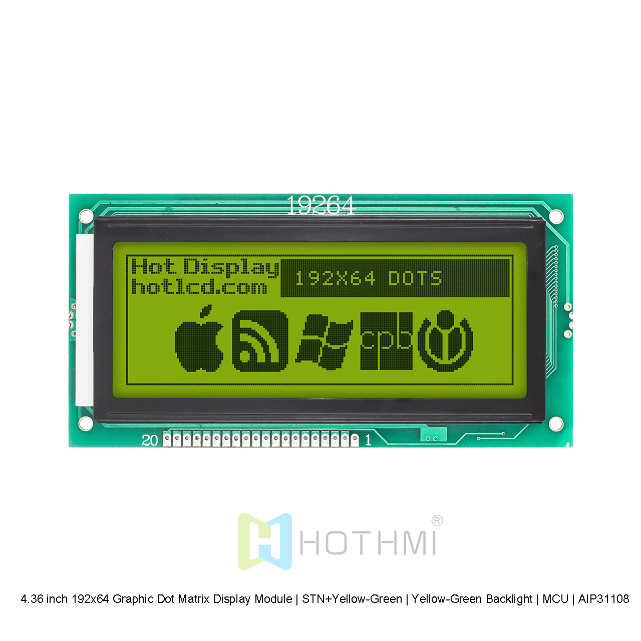 4.36 inch 192x64 Graphic Dot Matrix Display Module | STN+Yellow-Green | Yellow-Green Backlight | MCU | AIP31108