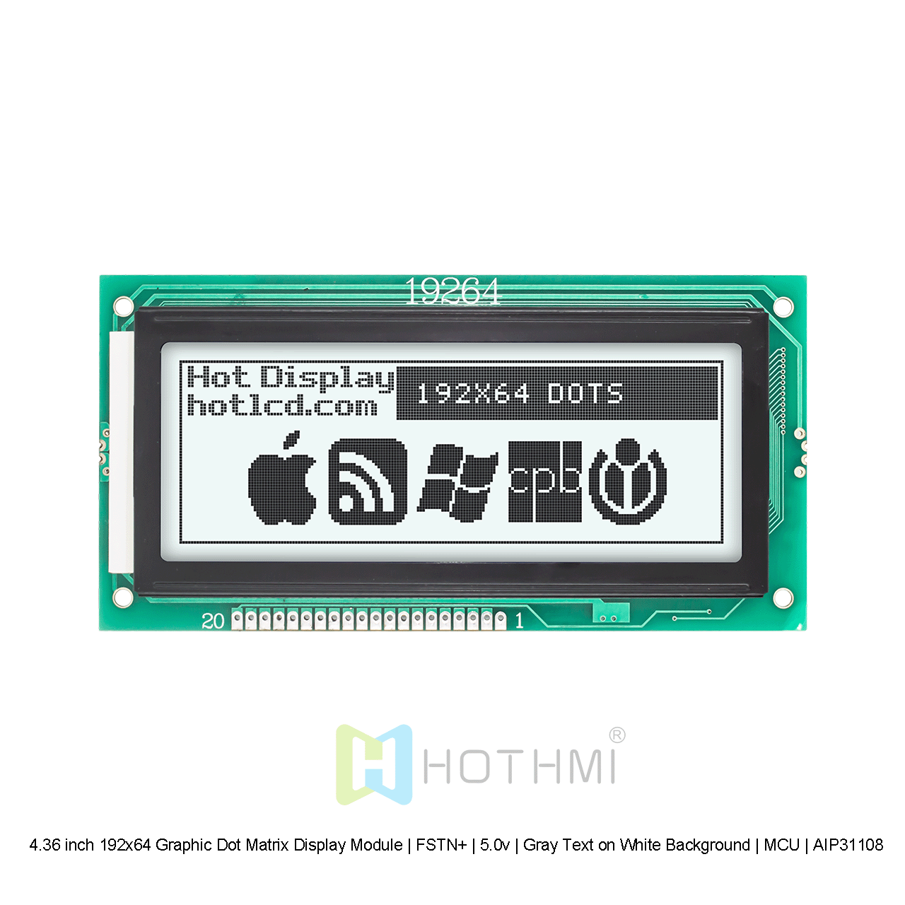 4.36寸192x64图形点阵显示模块 | FSTN+ | 5.0v | 白底灰字 | MCU | AIP31108 |Arduino