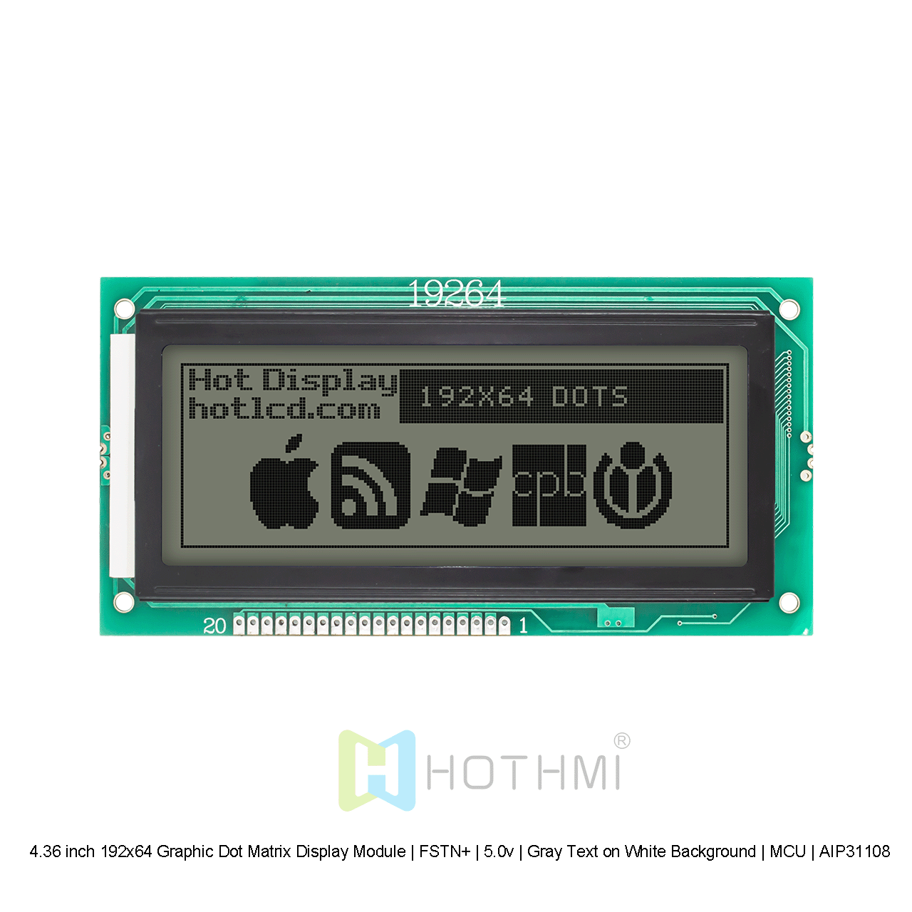 4.36寸192x64图形点阵显示模块 | FSTN+ | 5.0v | 白底灰字 | MCU | AIP31108 |Arduino