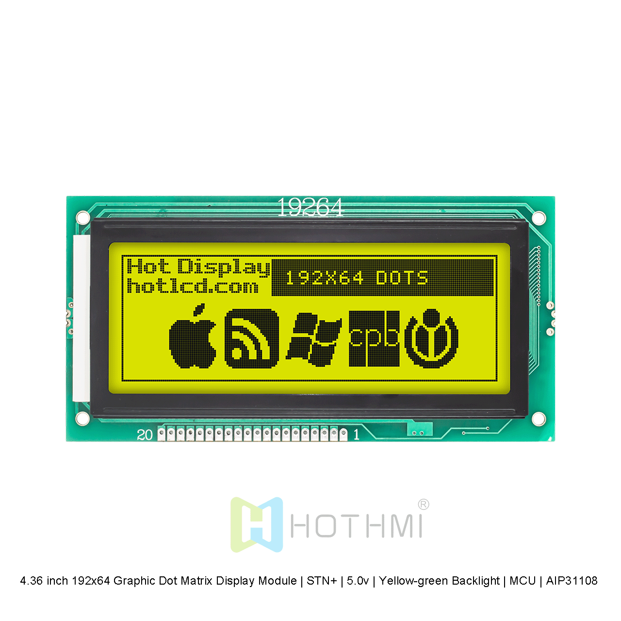 4.36 inch 192x64 Graphic Dot Matrix Display Module | STN+ | 5.0v | Yellow-green Backlight | MCU | AIP31108