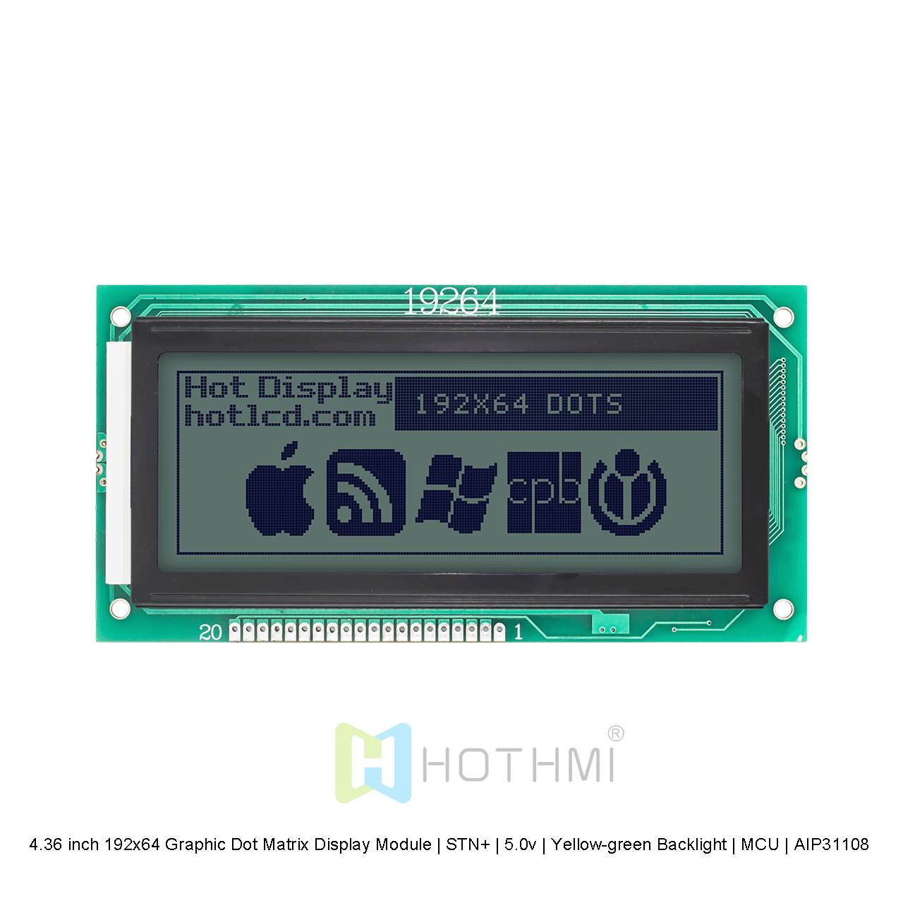 4.36 inch 192x64 Graphic Dot Matrix Display Module | STN+ | 5.0v | Yellow-green Backlight | MCU | AIP31108