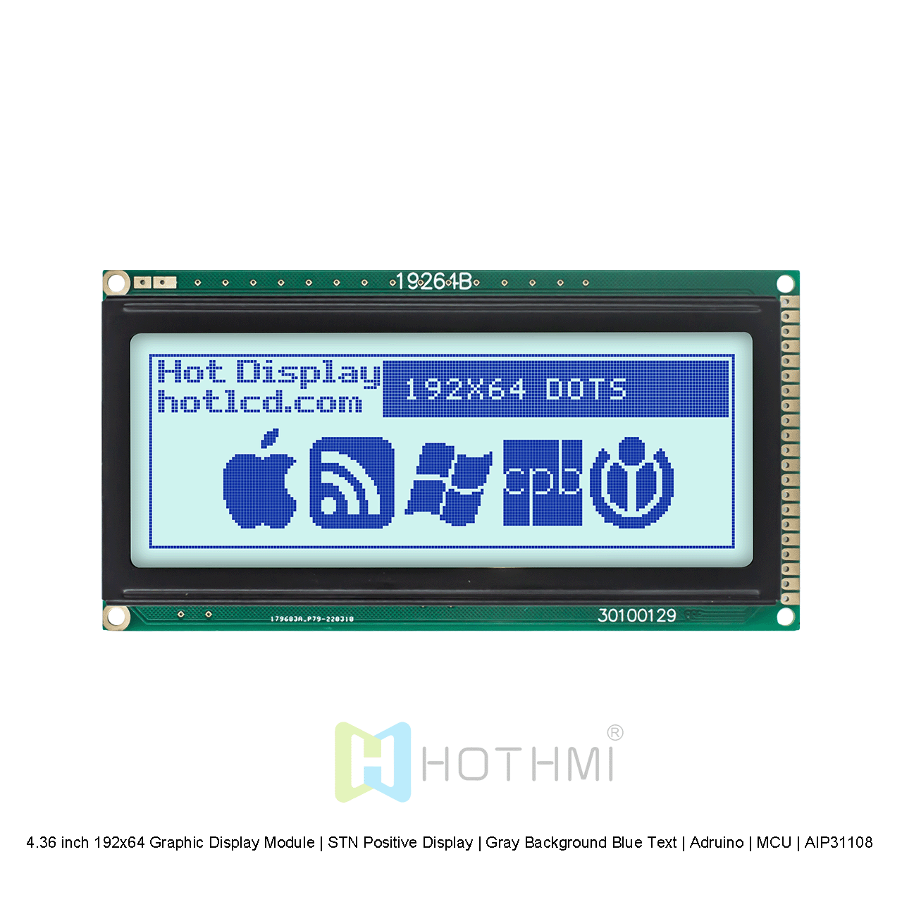 4.36寸192x64图形显示模组 | STN正显 |灰底蓝字 | Arduino | MCU | AIP31108 