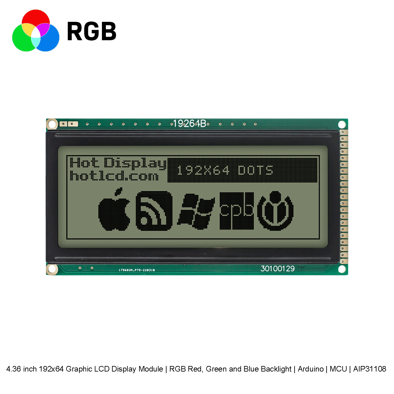 4.36寸192x64 图形液晶显示模组 |RGB 红绿蓝背光 |Arduino | MCU | AIP31108 