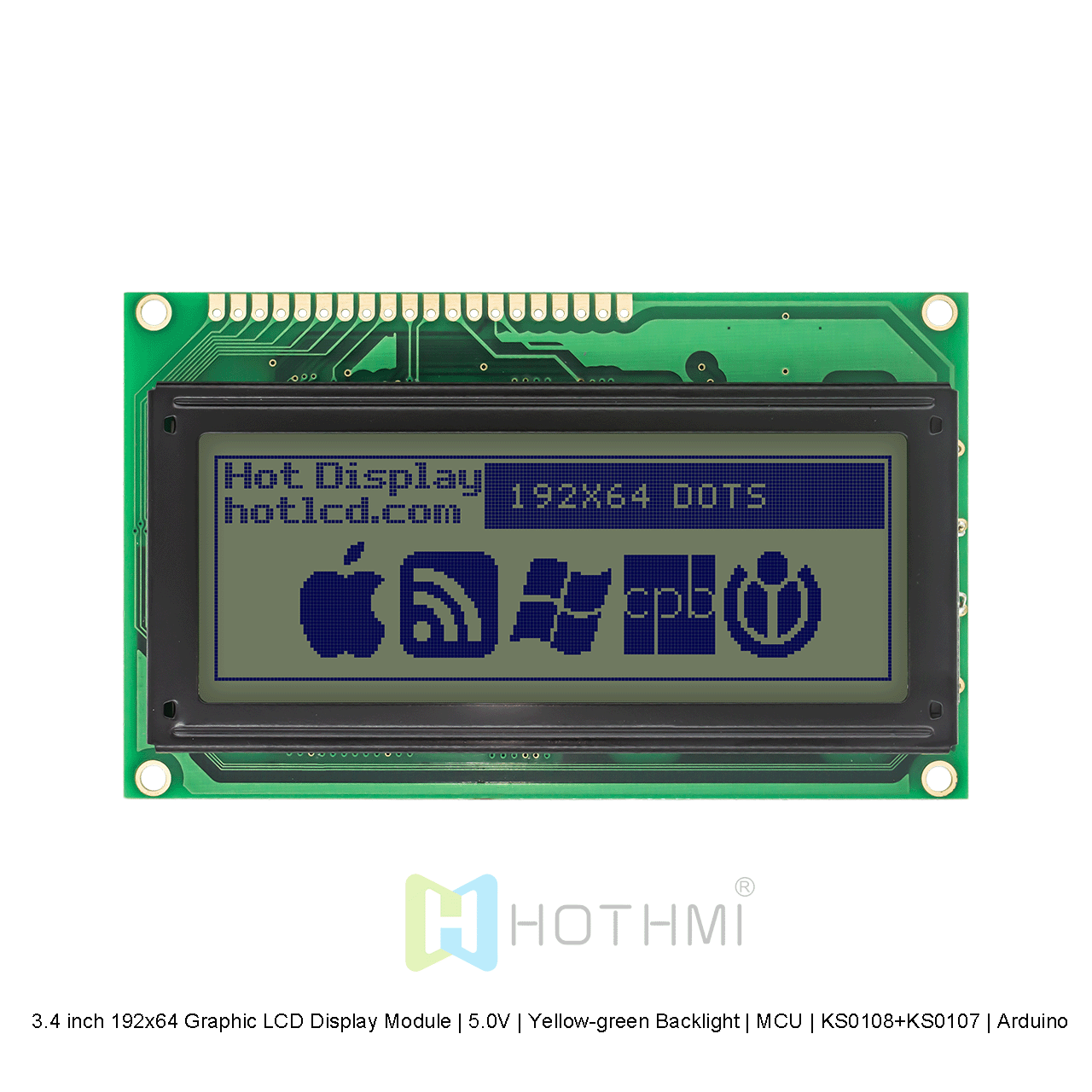 3.4 inch 192x64 Graphic LCD Display Module | 5.0V | Yellow-green Backlight | MCU | KS0108+KS0107 | Arduino