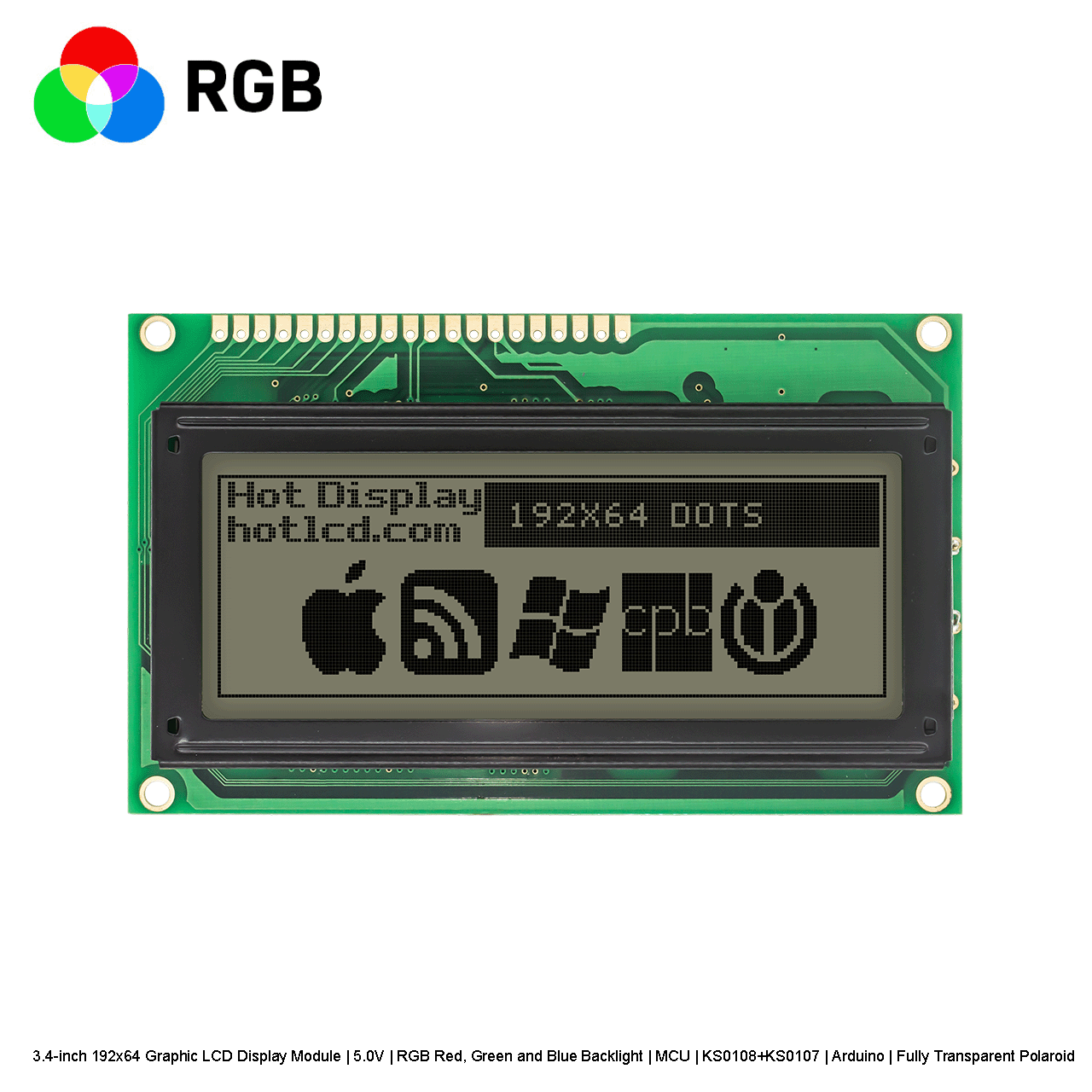 3.4-inch 192x64 Graphic LCD Display Module | 5.0V | RGB Red, Green and Blue Backlight | MCU | KS0108+KS0107 | Arduino | Fully Transparent Polaroid