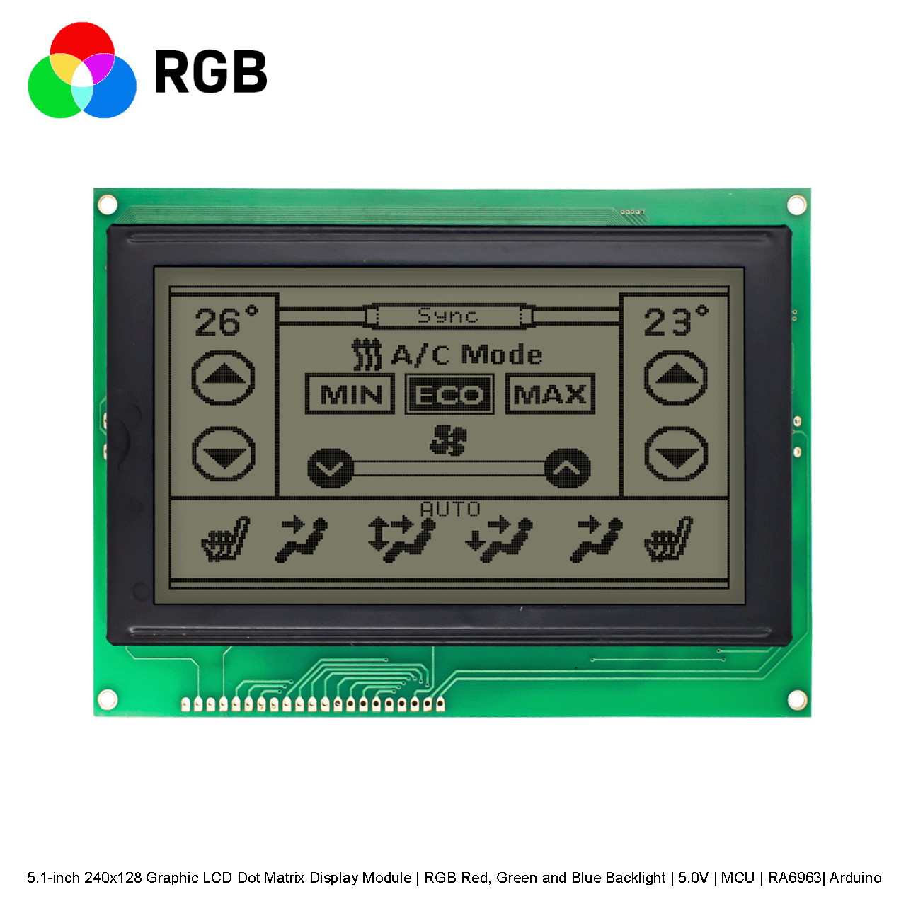 5.1英寸240x128 图形LCD点阵显示模组 | RGB红绿蓝背光 | 5.0V | MCU | RA6963| Arduino 