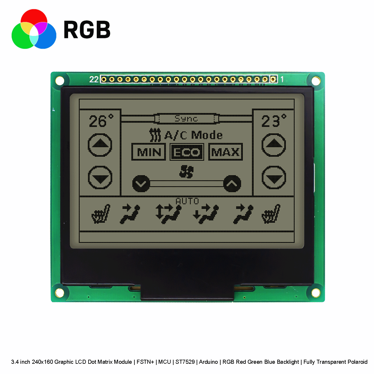 3.4寸240x160图形LCD点阵模组 | FSTN+ |  MCU | ST7529 | Arduino | RGB红绿蓝背光 | 全透性偏光片 