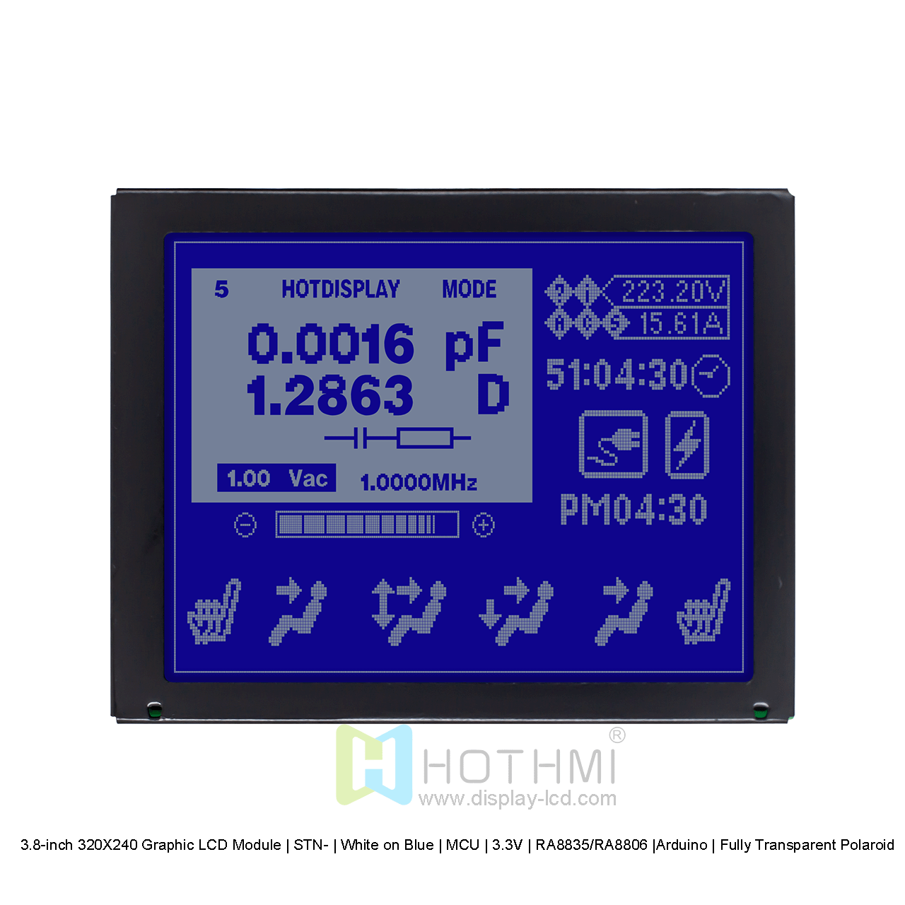 3.8寸320X240 图形液晶模块 | STN- | 蓝底白字|  MCU | 3.3V | RA8835/RA8806 |Arduino | 全透偏光片