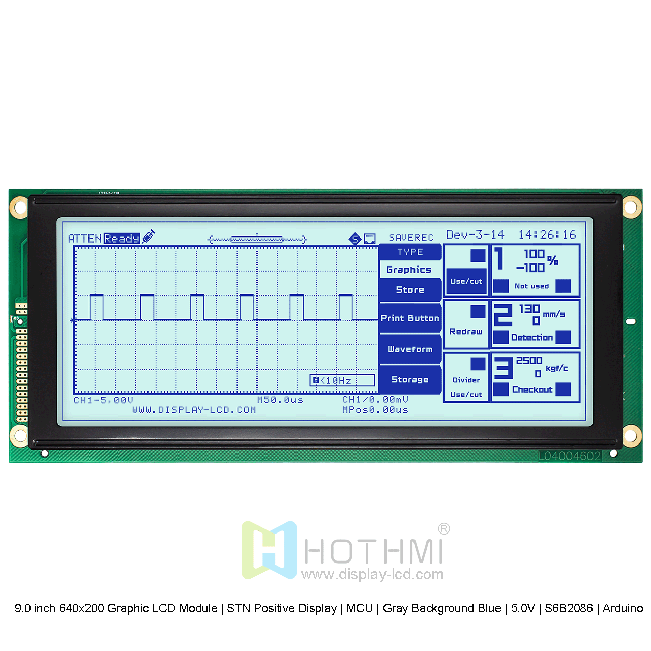 9.0寸640x200图形LCD液晶显示模组 | STN正显示 |  MCU |灰底蓝字 | 5.0V | S6B2086 | Arduino 