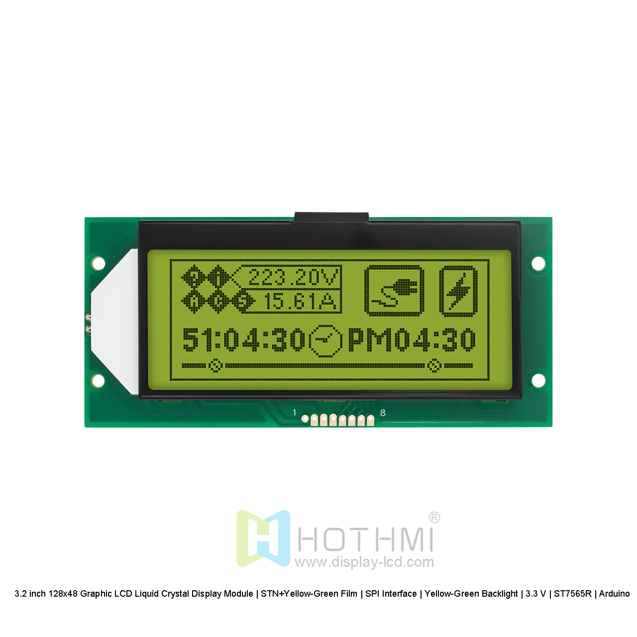 3.2寸128x48图形LCD液晶显示模组 | STN+黄绿膜|  SPI接口  | 黄绿背光 | 3.3 V | ST7565R | Arduino 