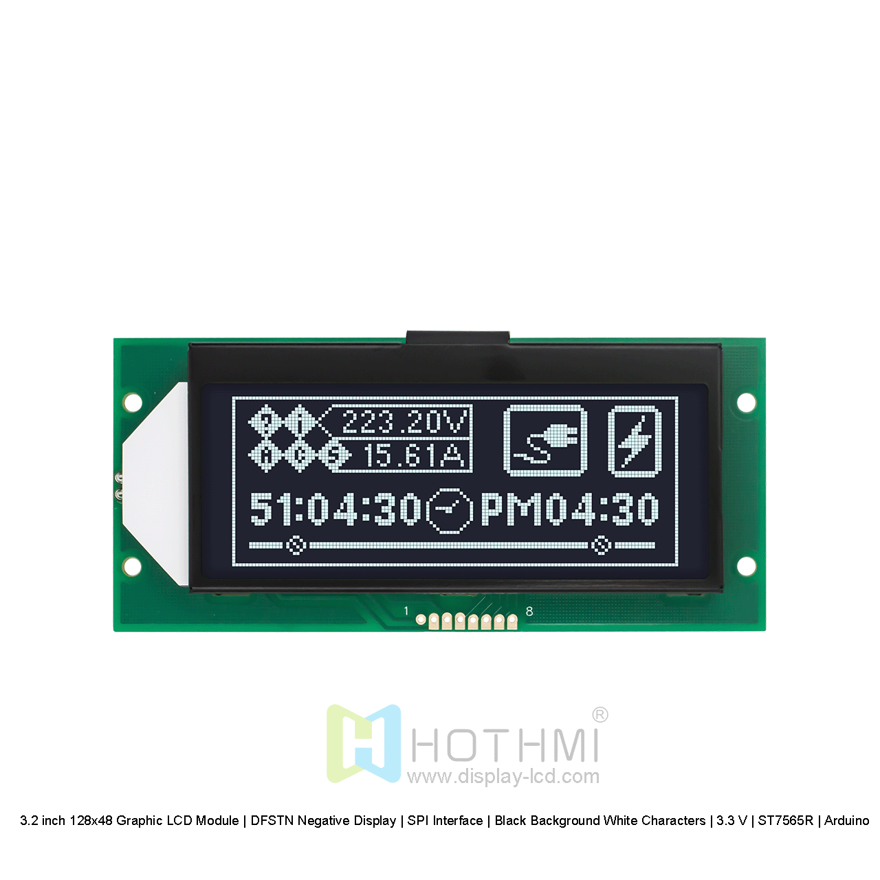 3.2 inch 128x48 Graphic LCD Module | DFSTN Negative Display | SPI Interface | Black Background White Characters | 3.3 V | ST7565R | Arduino