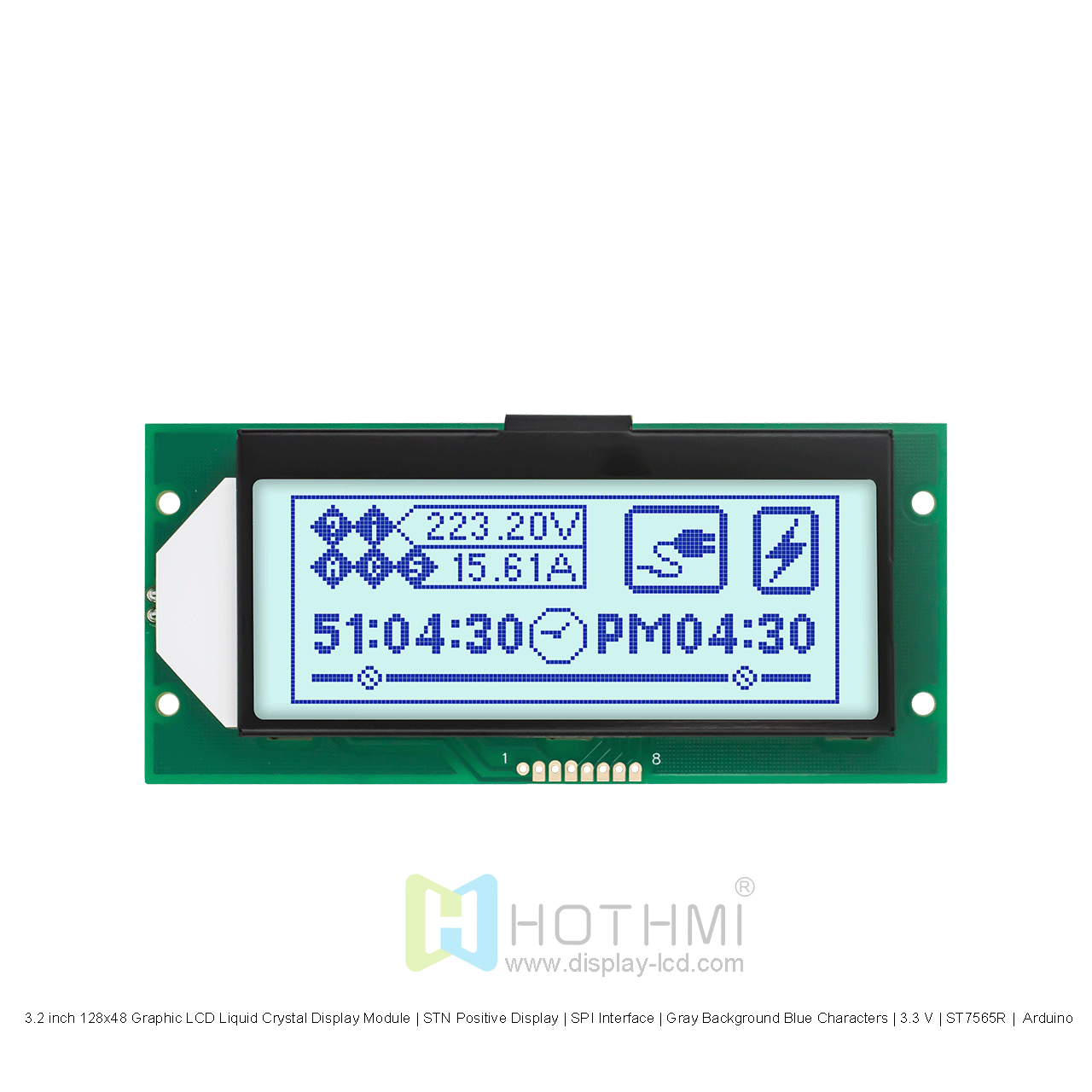 3.2寸128x48图形LCD液晶显示模组 | STN正显 |  SPI接口  | 灰底蓝字 | 3.3 V | ST7565R | Arduino 