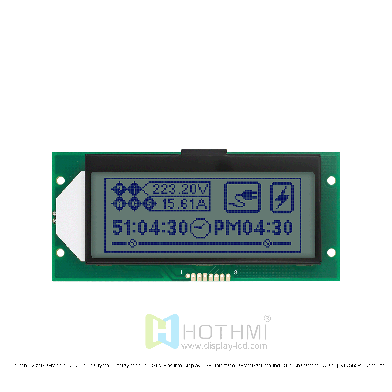 3.2寸128x48图形LCD液晶显示模组 | STN正显 |  SPI接口  | 灰底蓝字 | 3.3 V | ST7565R | Arduino 