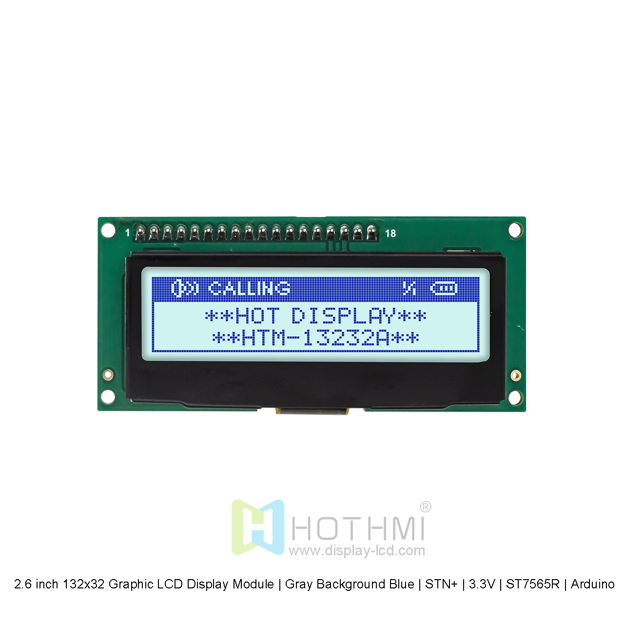 2.6寸132x32图形液晶显示屏模组 | 灰底蓝字 | STN+ | 3.3V | ST7565R | Arduino