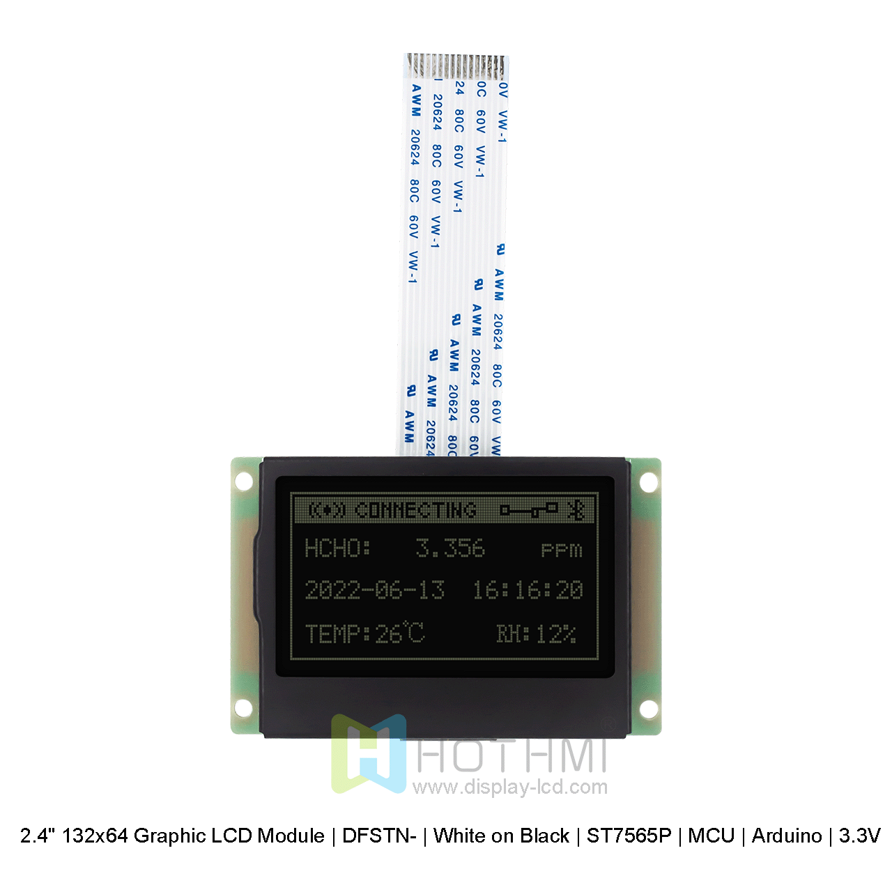 2.4寸132x64 图形 LCD 模块 | DFSTN-  | 黑底白字 | ST7565P | MCU | Arduino | 3.3V