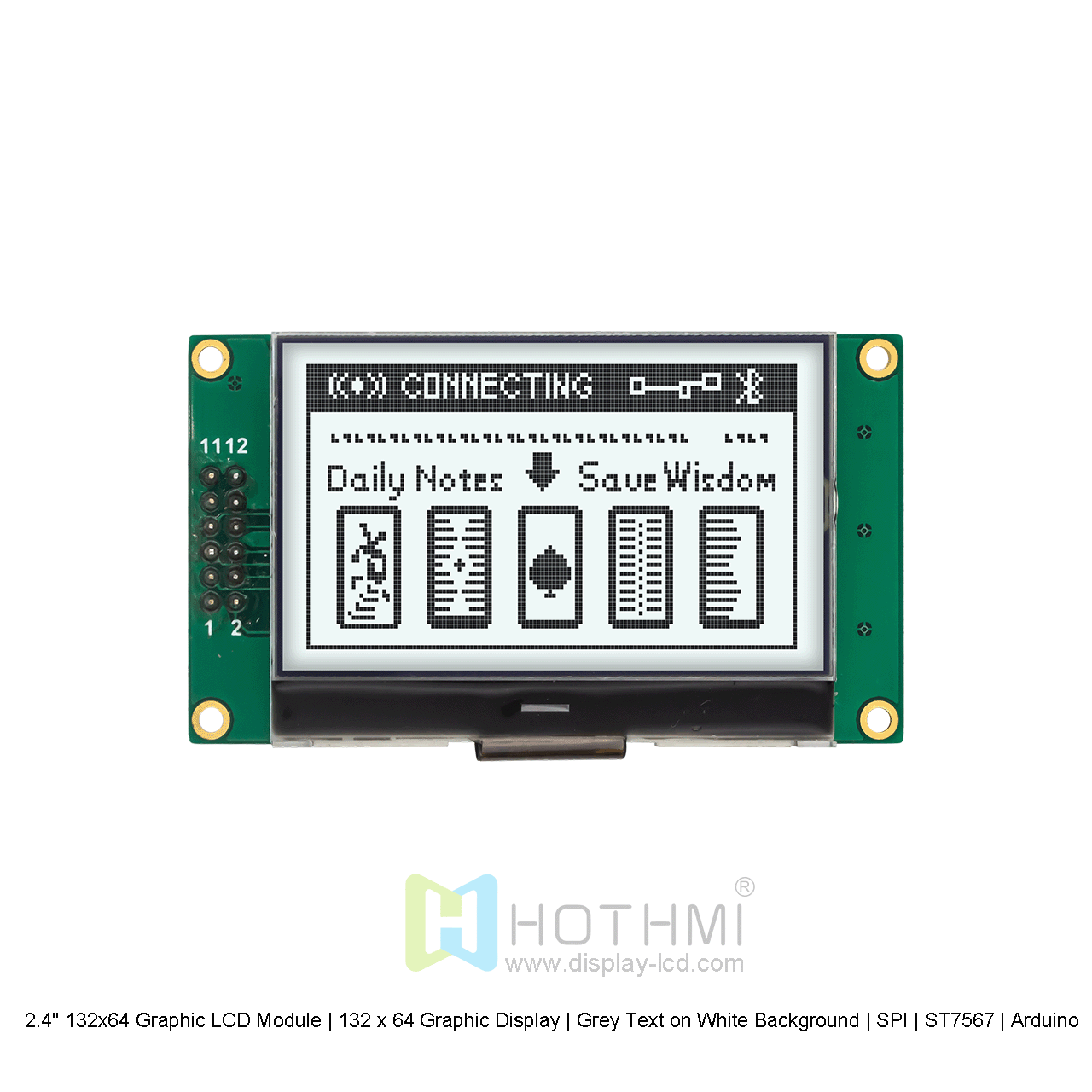 2.4" 132x64 Graphic LCD Module | 132 x 64 Graphic Display | Grey Text on White Background | SPI | ST7567 | Arduino