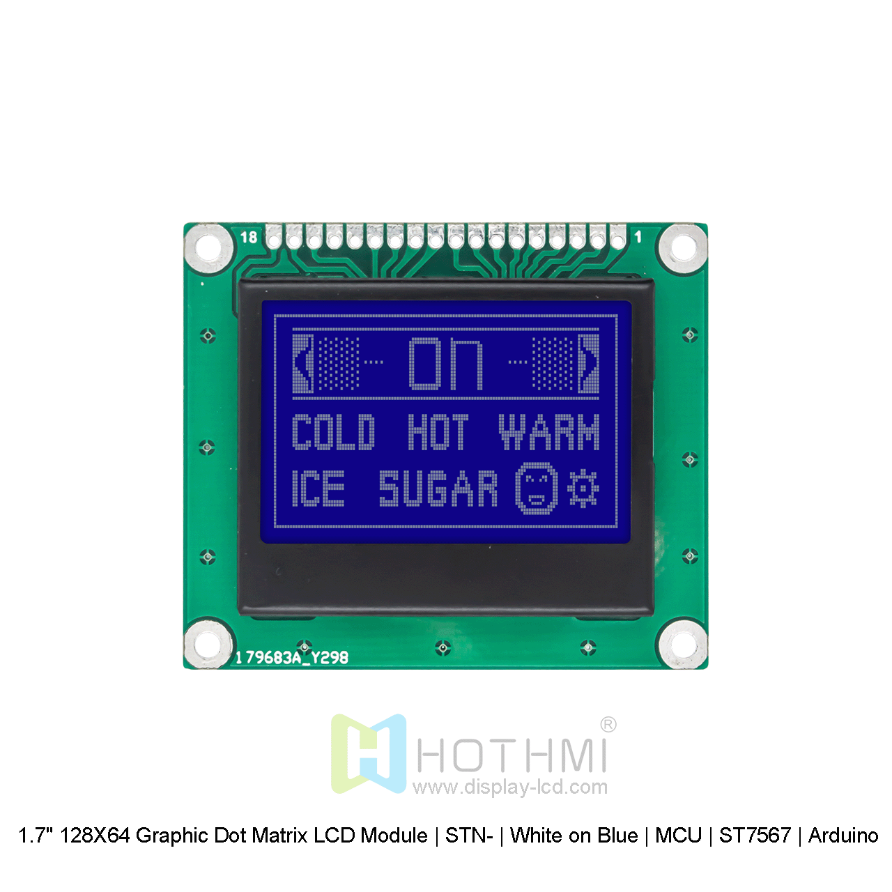 1.7寸128X64 图形点阵液晶模块| STN- | 蓝底白字 | MCU | ST7567 | Arduino