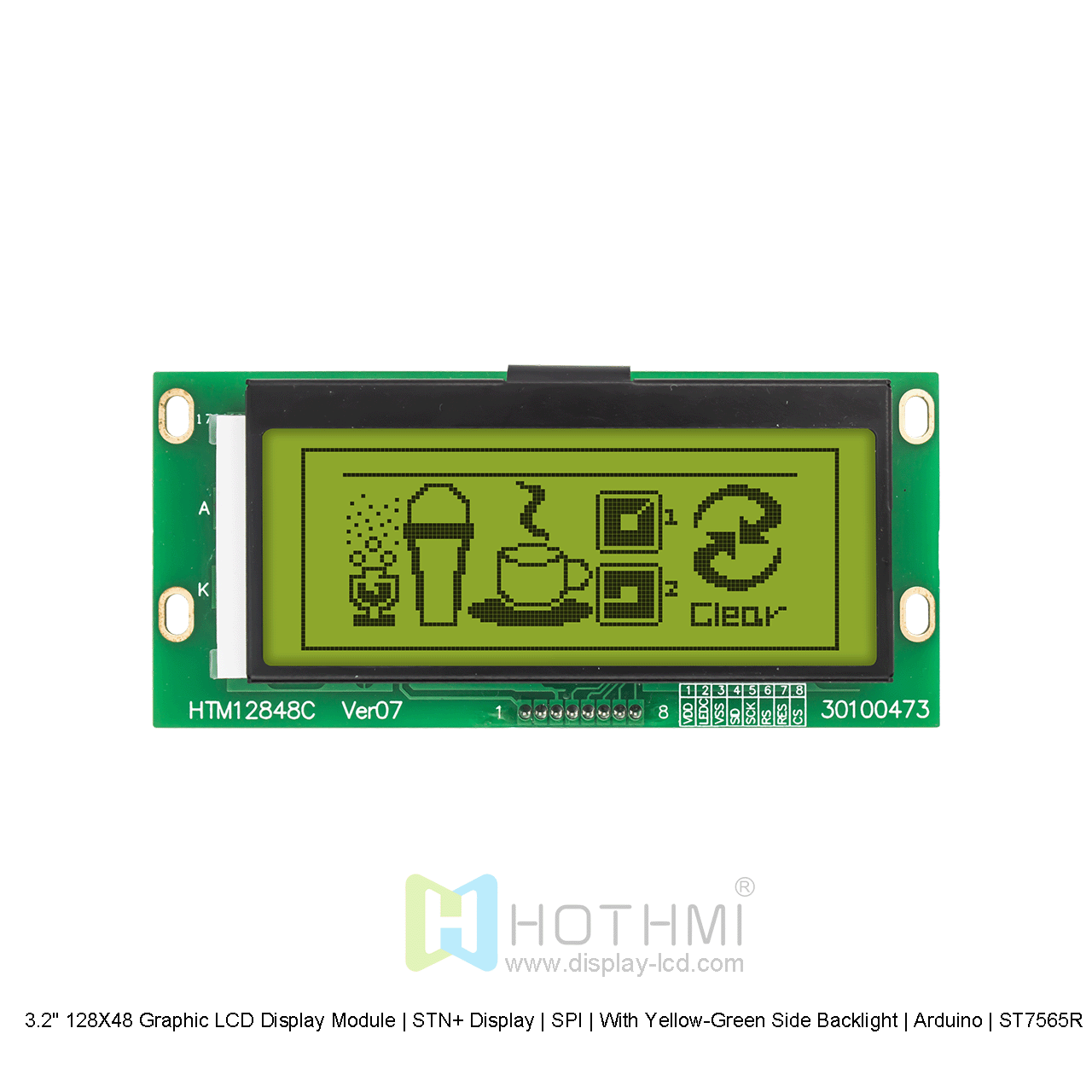 3.2" 128X48 Graphic LCD Display Module | STN+ Display | SPI | With Yellow-Green Side Backlight | Arduino | ST7565R